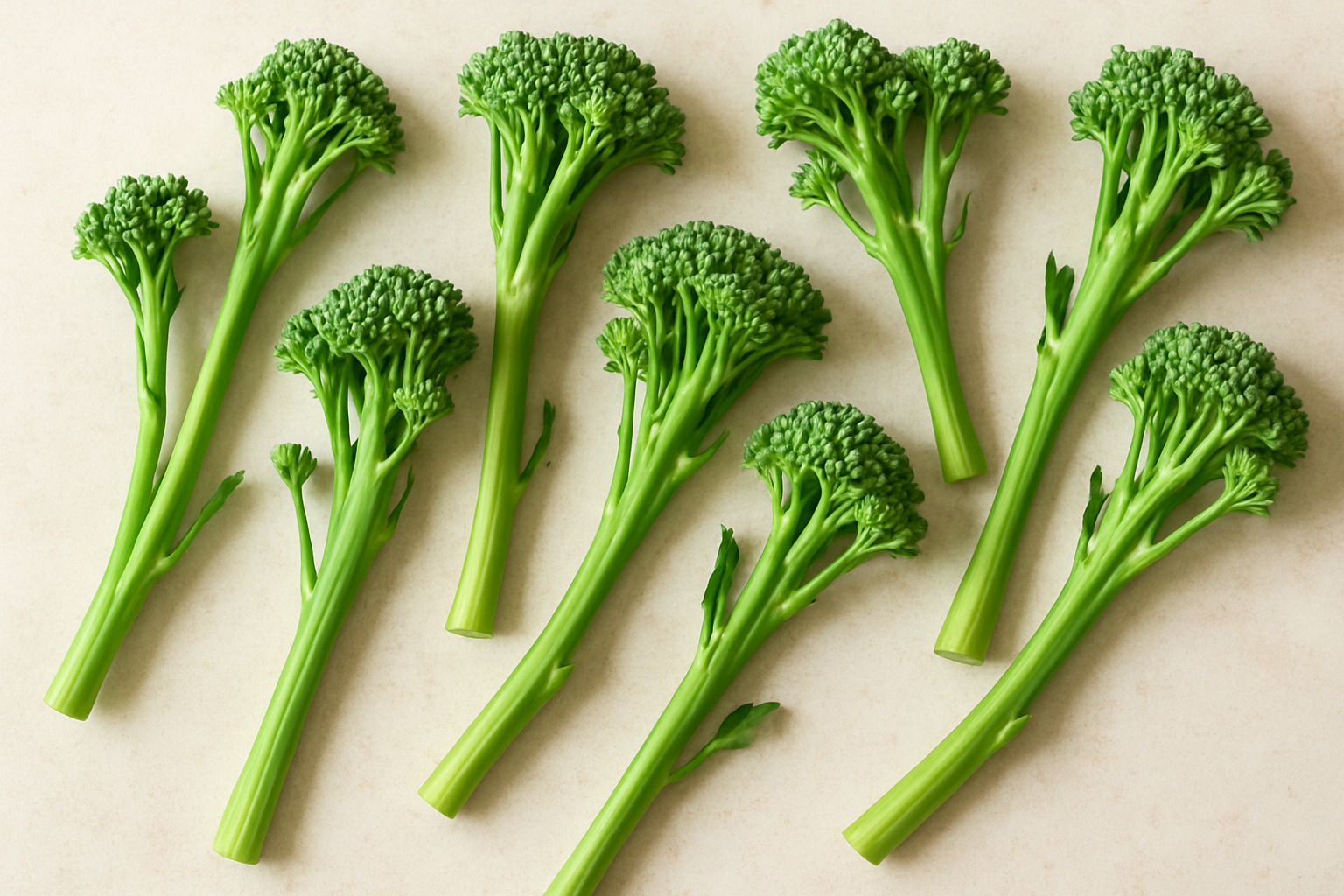 fresh broccolini stalks showing characteristic thin stems and small florets - broccolini