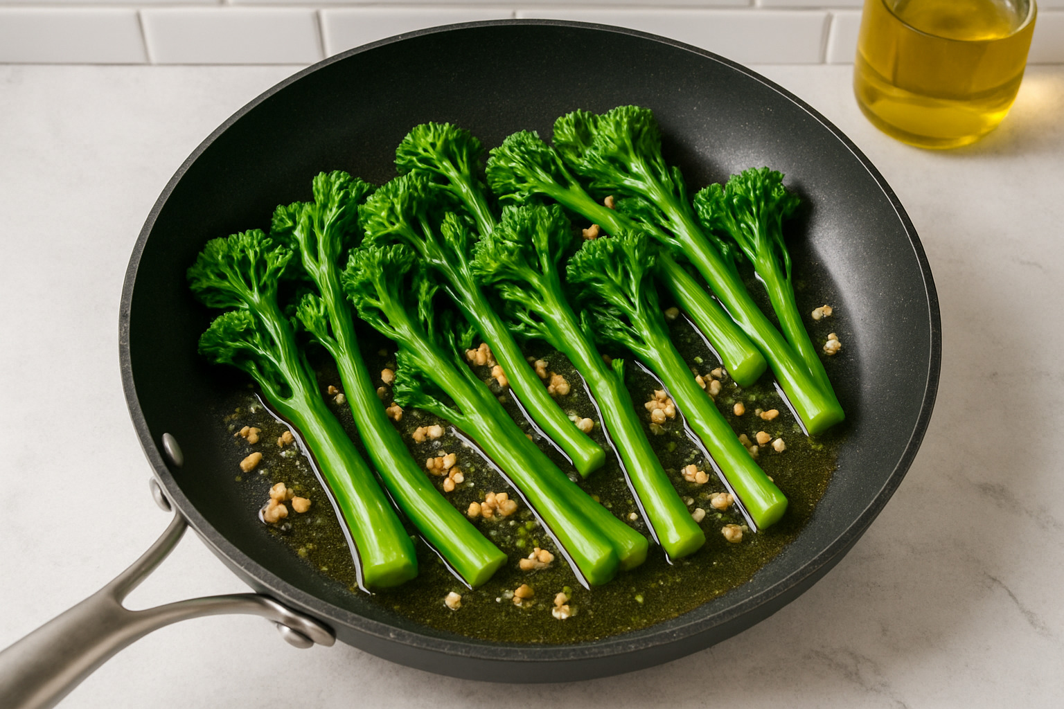 broccolini being sautéed in a pan with garlic and olive oil - broccolini