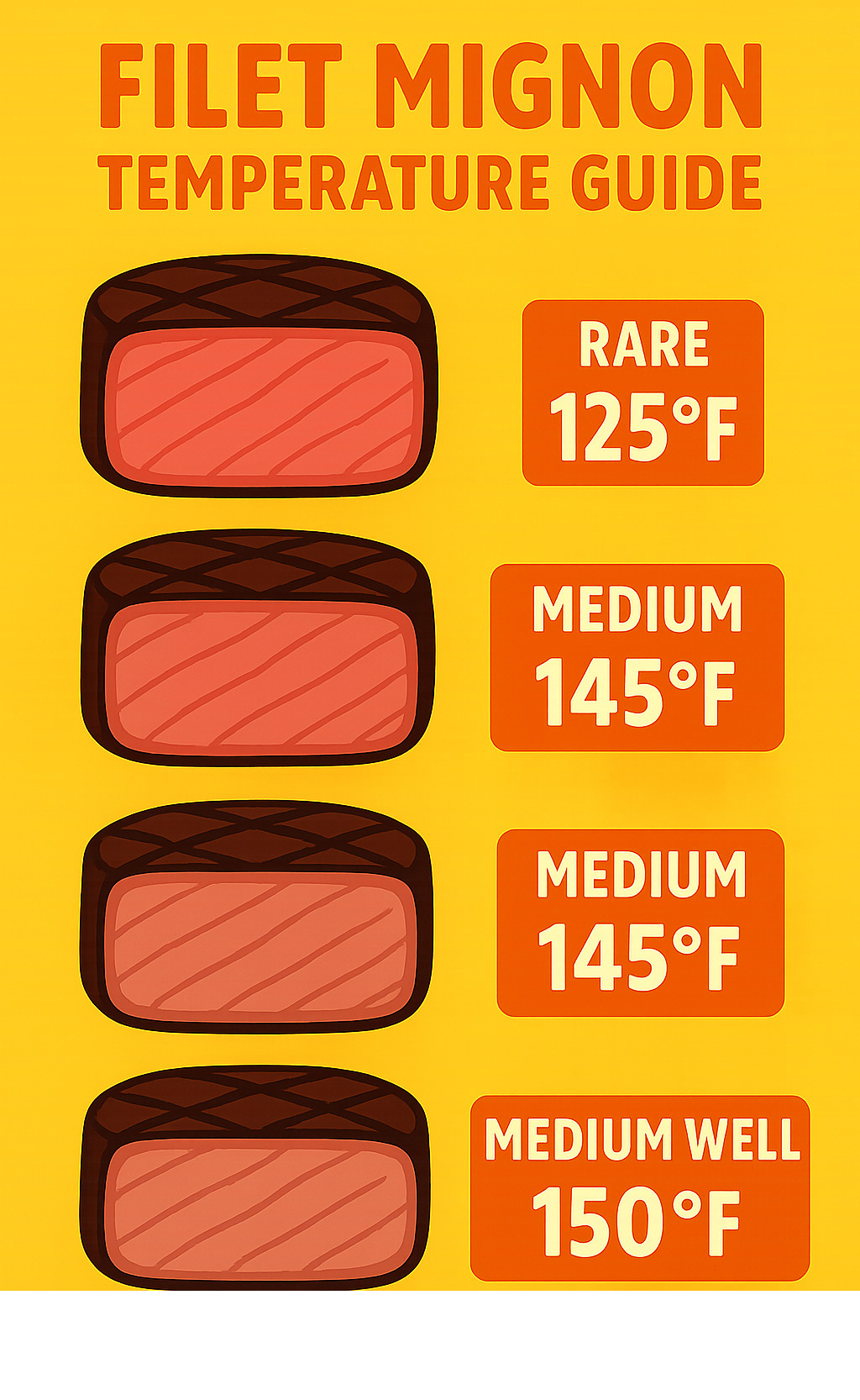 Temperature guide infographic showing cross-sections of filet mignon at different doneness levels with corresponding internal temperatures - filet mignon infographic 