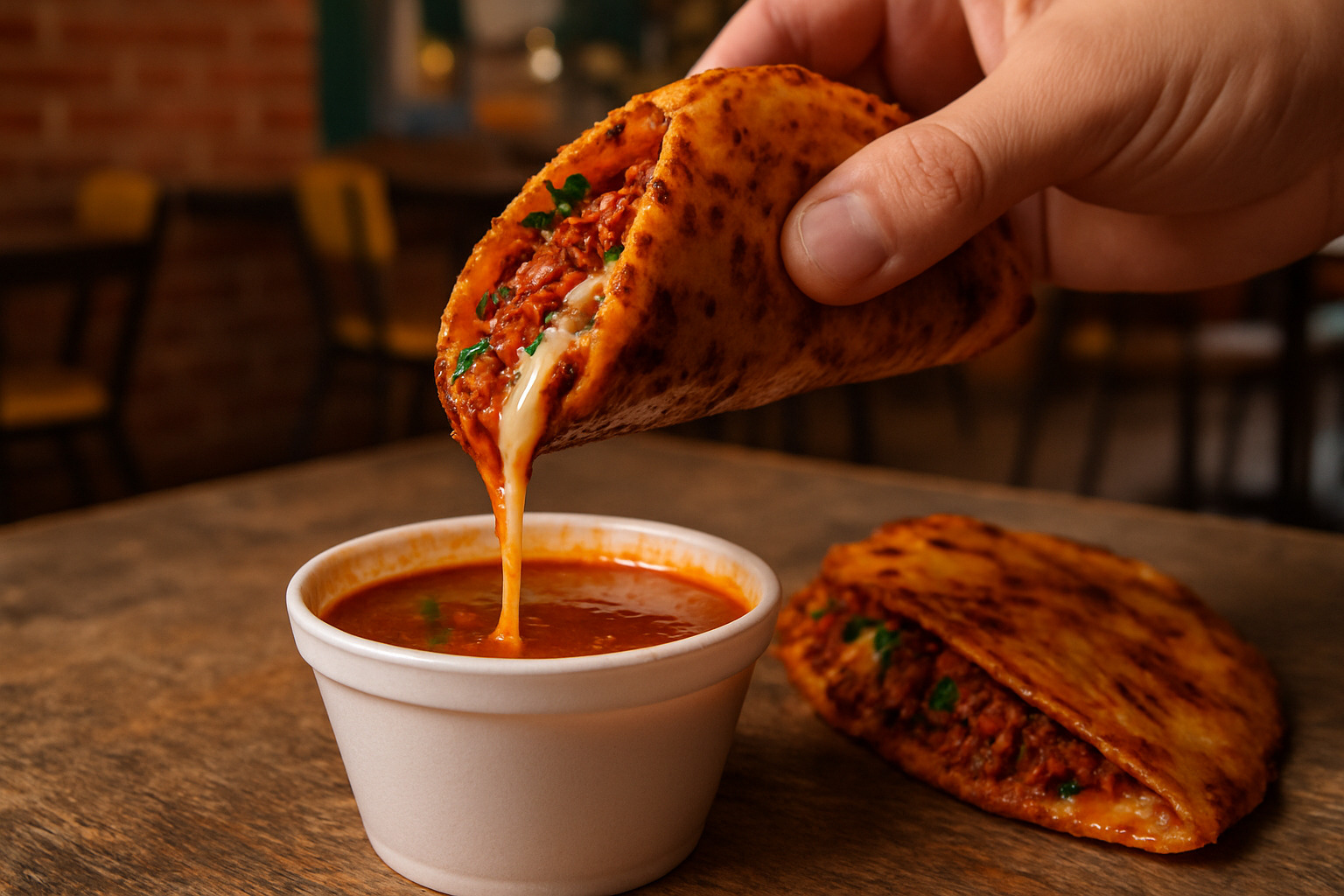 taco being dunked into consomé - quesabirria
