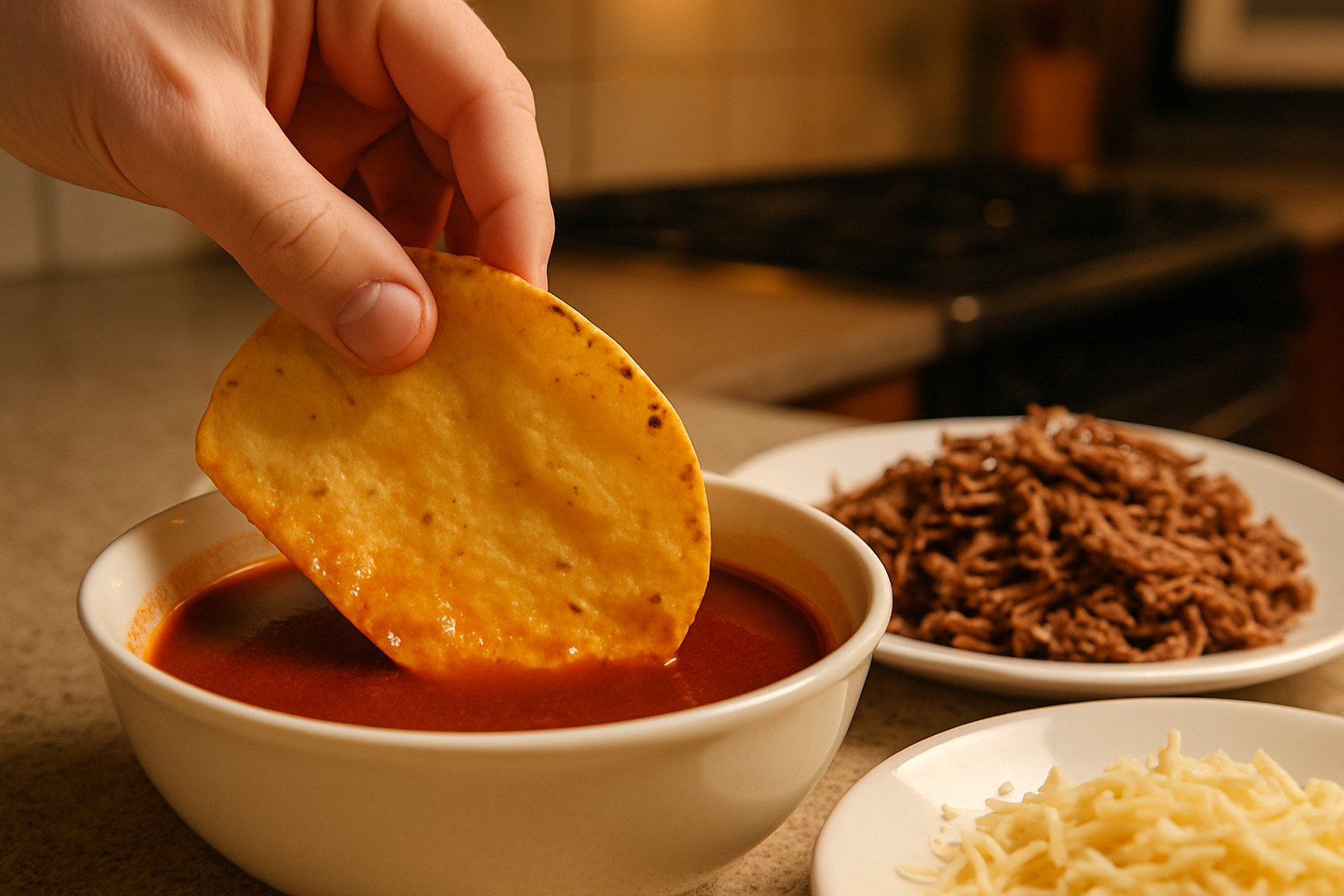 tortilla being dipped in fat - quesabirria