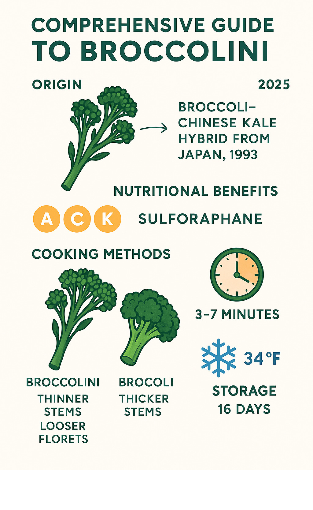 Comprehensive guide to broccolini including origin as broccoli-Chinese kale hybrid from Japan 1993, nutritional benefits with vitamins A-C-K and sulforaphane, cooking methods showing 3-7 minute preparation times, visual comparison with regular broccoli highlighting thinner stems and looser florets, and storage tips for 16-day shelf life at 34°F - broccolini infographic 