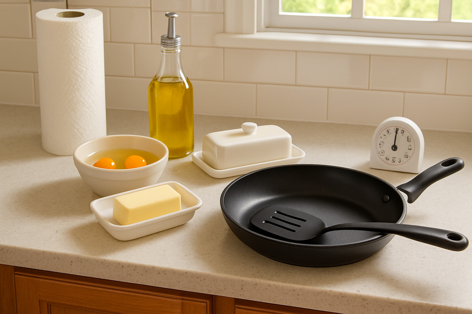 Essential tools for cooking over easy eggs laid out on a counter - over easy eggs