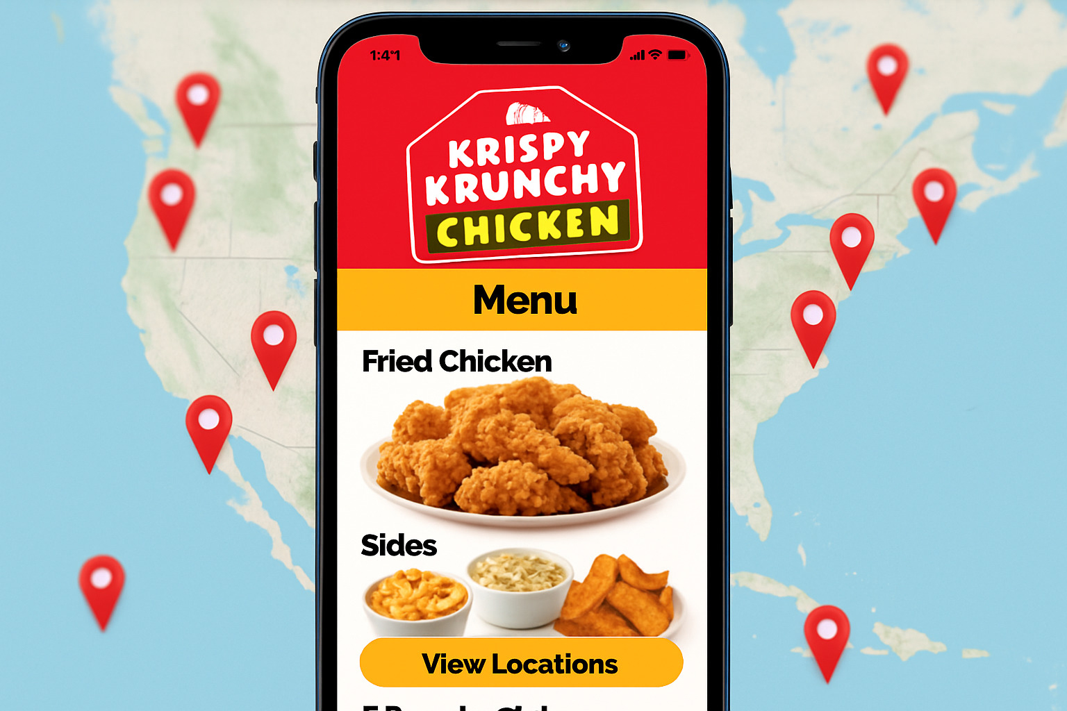 Mobile app ordering screen showing Krispy Krunchy Chicken menu and location options - krispy krunchy chicken Mobile app ordering screen showing Krispy Krunchy Chicken menu and location options - krispy krunchy chicken