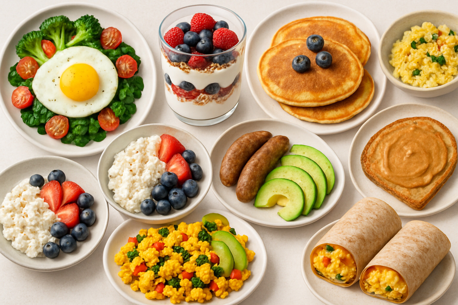collage of 10 different high-protein breakfast dishes arranged appetizingly - high protein breakfas