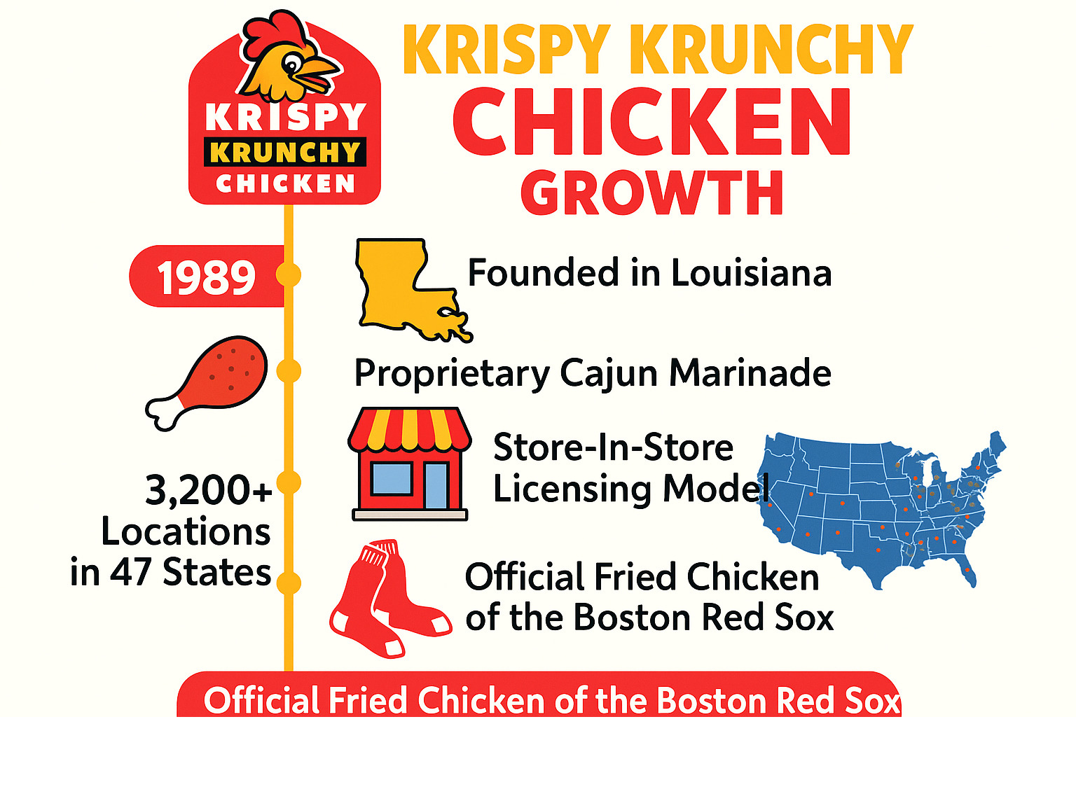 Infographic showing Krispy Krunchy Chicken's growth from 1989 founding in Louisiana to 3,200+ locations across 47 states, highlighting key milestones including their proprietary Cajun marinade process, store-in-store licensing model, and recent Boston Red Sox partnership - krispy krunchy chicken infographic Infographic showing Krispy Krunchy Chicken's growth from 1989 founding in Louisiana to 3,200+ locations across 47 states, highlighting key milestones including their proprietary Cajun marinade process, store-in-store licensing model, and recent Boston Red Sox partnership - krispy krunchy chicken infographic
