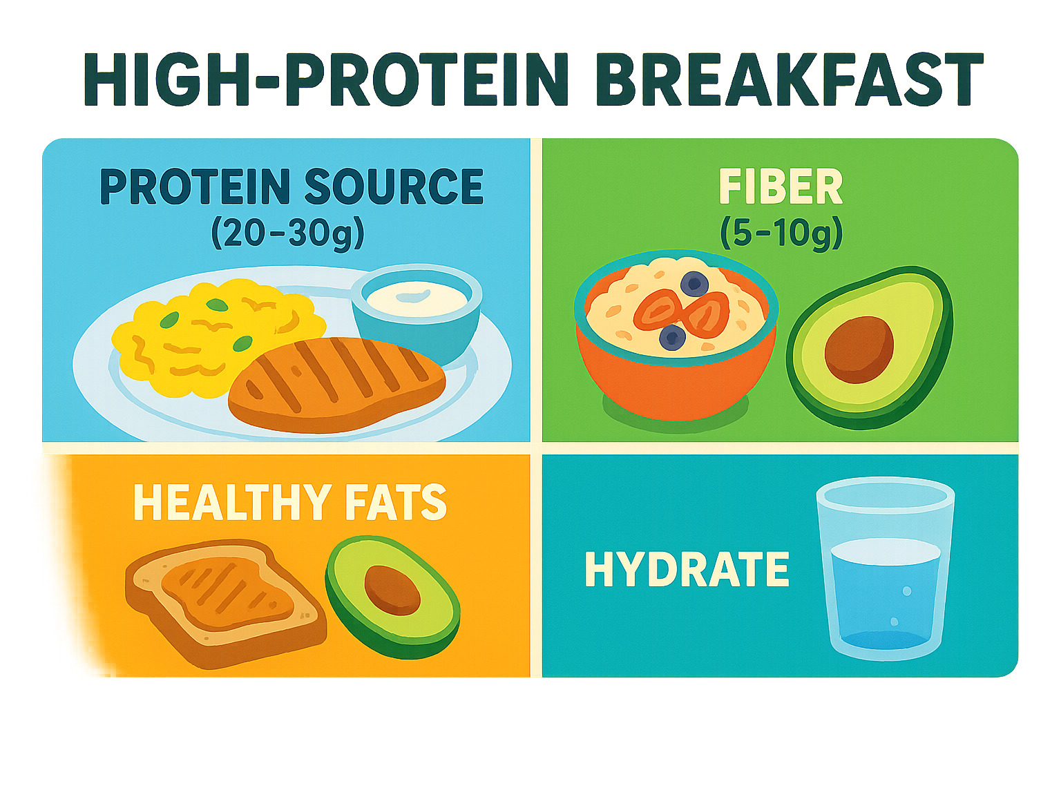 Infographic showing balanced high-protein breakfast components: protein source (20-30g), fiber (5-10g), healthy fats (10-15g), with hydration reminder - high protein breakfas infographic 