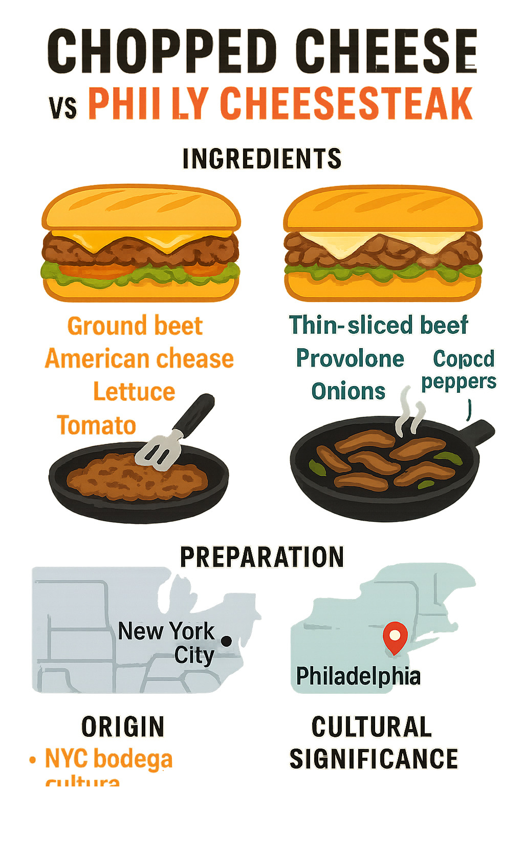 Infographic comparing chopped cheese vs Philly cheesesteak ingredients, preparation methods, origins, and cultural significance with visual breakdown of key differences -  chopped cheese infographic 