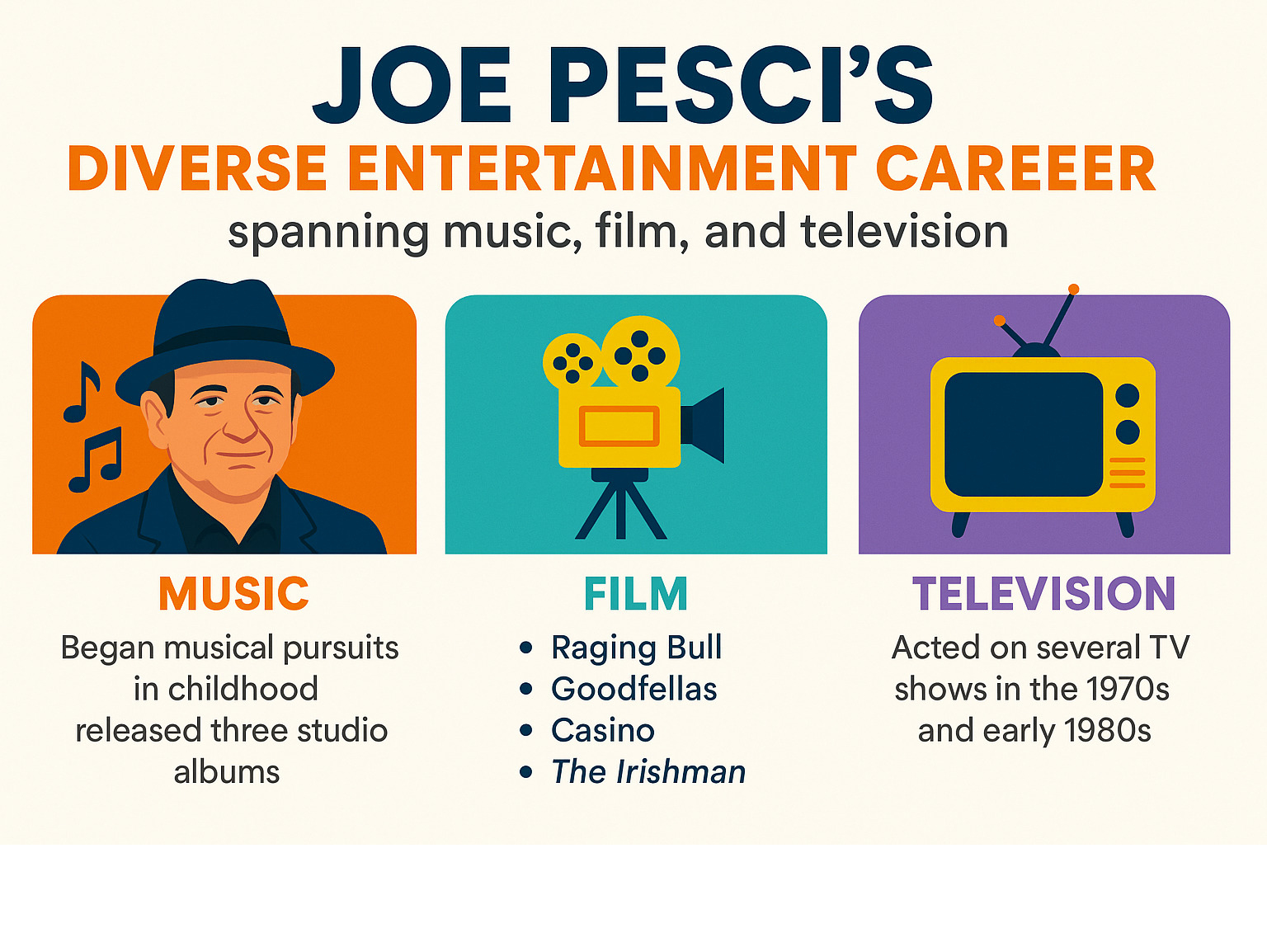 Joe Pesci's diverse entertainment career spanning music, film, and television - joe pesci infographic 