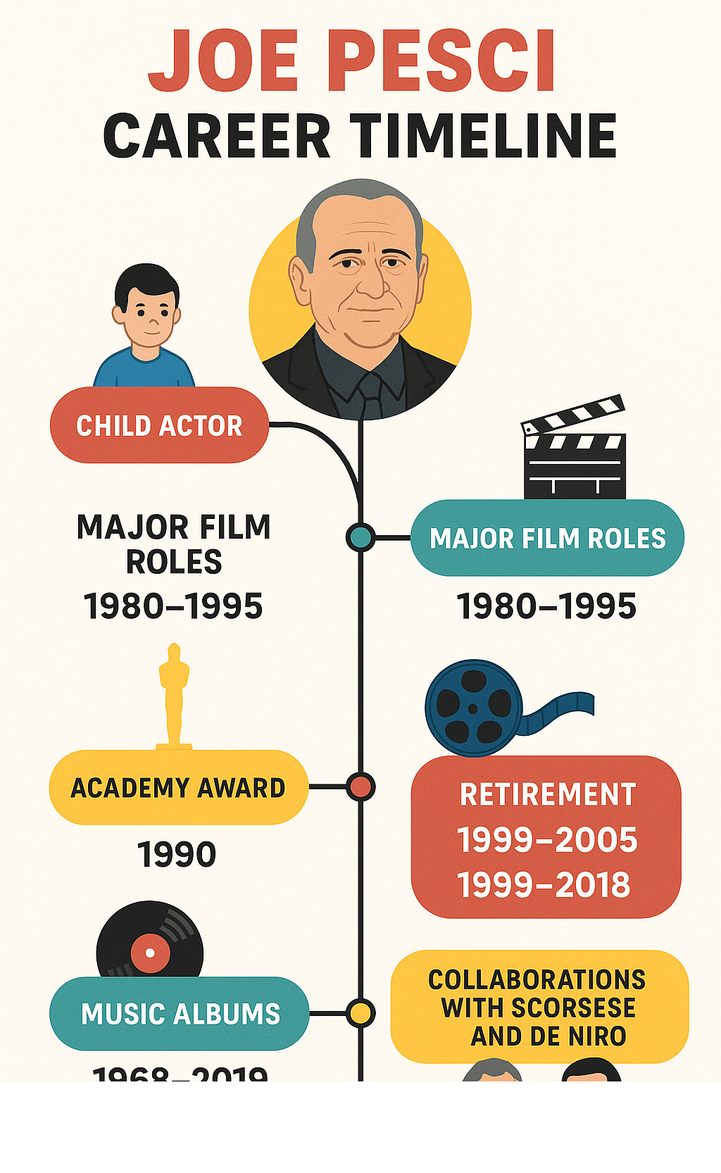 Comprehensive guide to Joe Pesci's career timeline from child actor to Hollywood legend, including major film roles, awards, music albums, retirement periods, and collaborations with Scorsese and De Niro - joe pesci infographic 