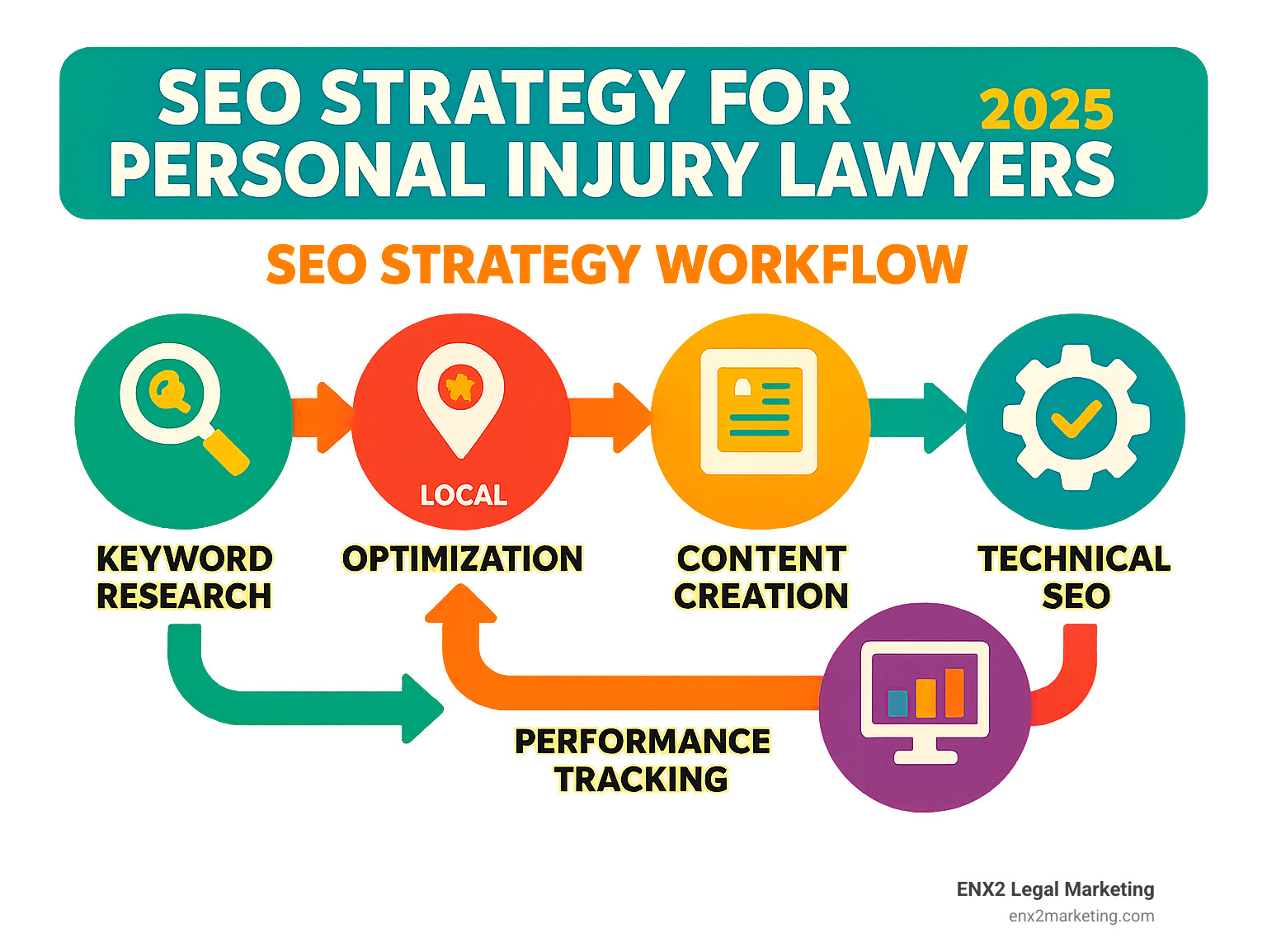 Personal injury lawyer SEO strategy workflow showing keyword research, local optimization, content creation, technical SEO, and performance tracking steps - seo strategy for personal injury lawyers infographic 