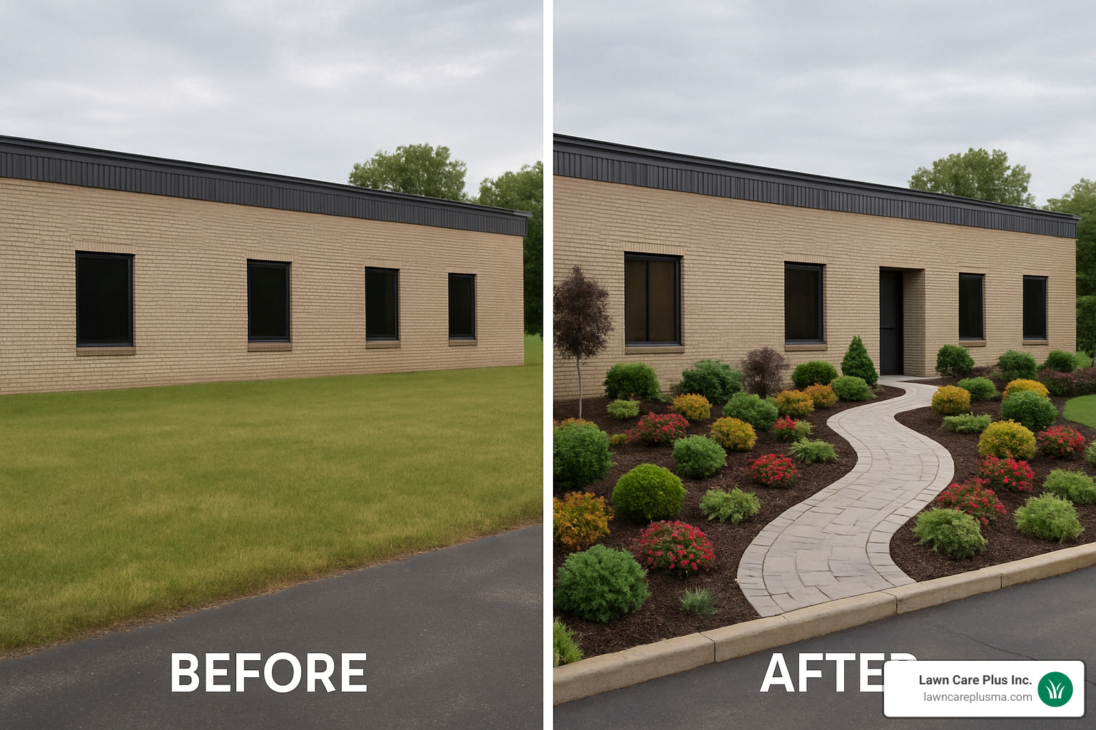 before and after photos showing commercial property change from basic lawn to professionally designed landscape with hardscaping elements - commercial landscaping companies near me