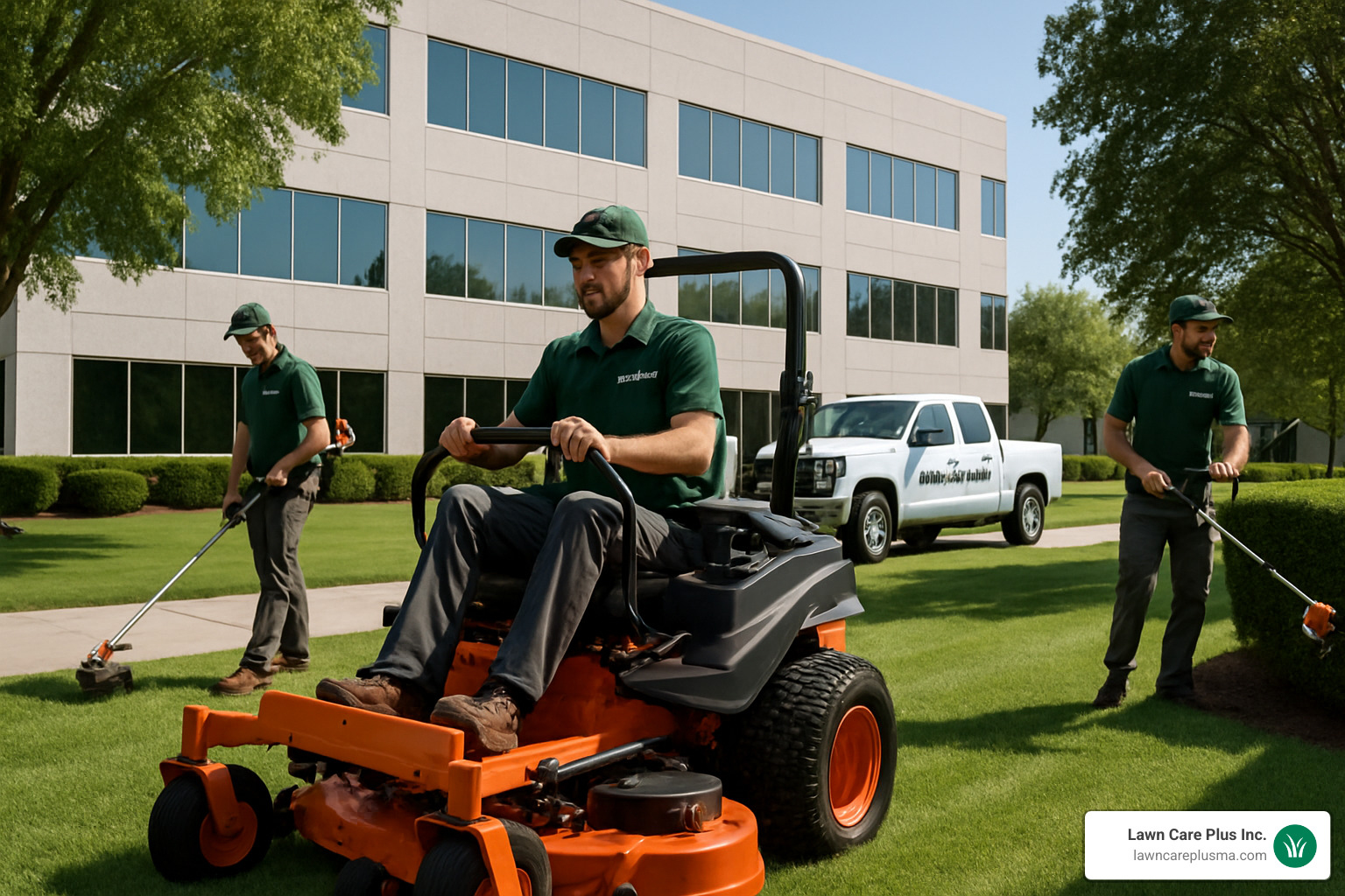 professional landscaping crew working on commercial property maintenance - commercial landscaping companies near me