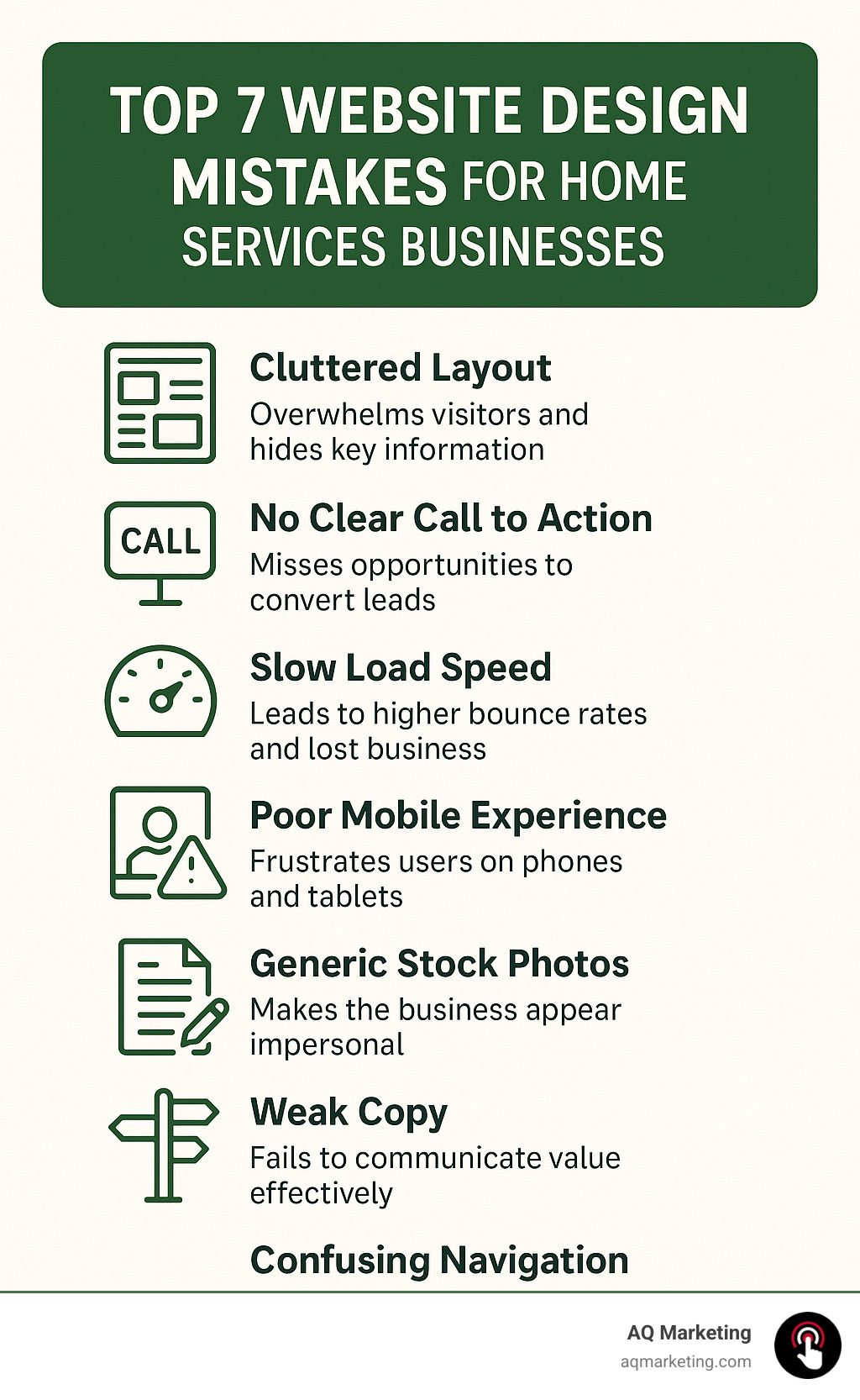 Infographic showing the top 7 website design mistakes for home services businesses with icons and brief explanations - home services web design infographic