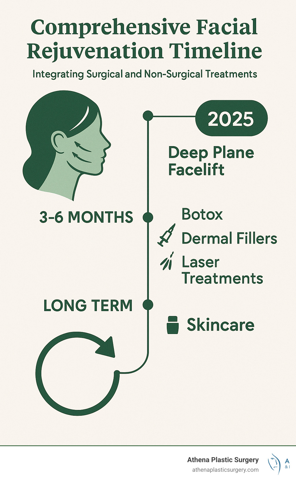 Deep Plane Facelift Explained – What's Really Happening Under Your Skin? 9 Comprehensive facial rejuvenation timeline showing surgical and non-surgical treatment integration - how does a deep plane facelift work infographic