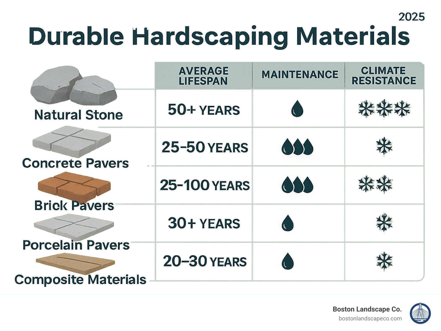 Infographic showing average lifespan comparison of hardscaping materials: Natural stone 50+ years, Concrete pavers 25-50 years, Brick pavers 25-100 years, Porcelain pavers 30+ years, Composite materials 20-30 years, with maintenance requirements and climate resistance ratings for each - Durable hardscaping materials infographic 
