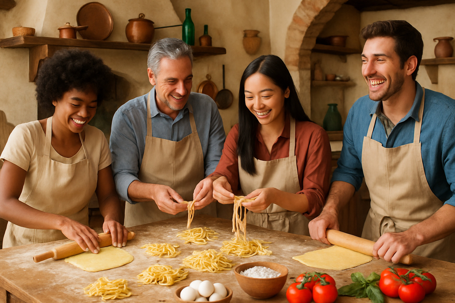 cooking class with diverse group of travelers learning to make pasta in Italian kitchen - Culinary travel trends