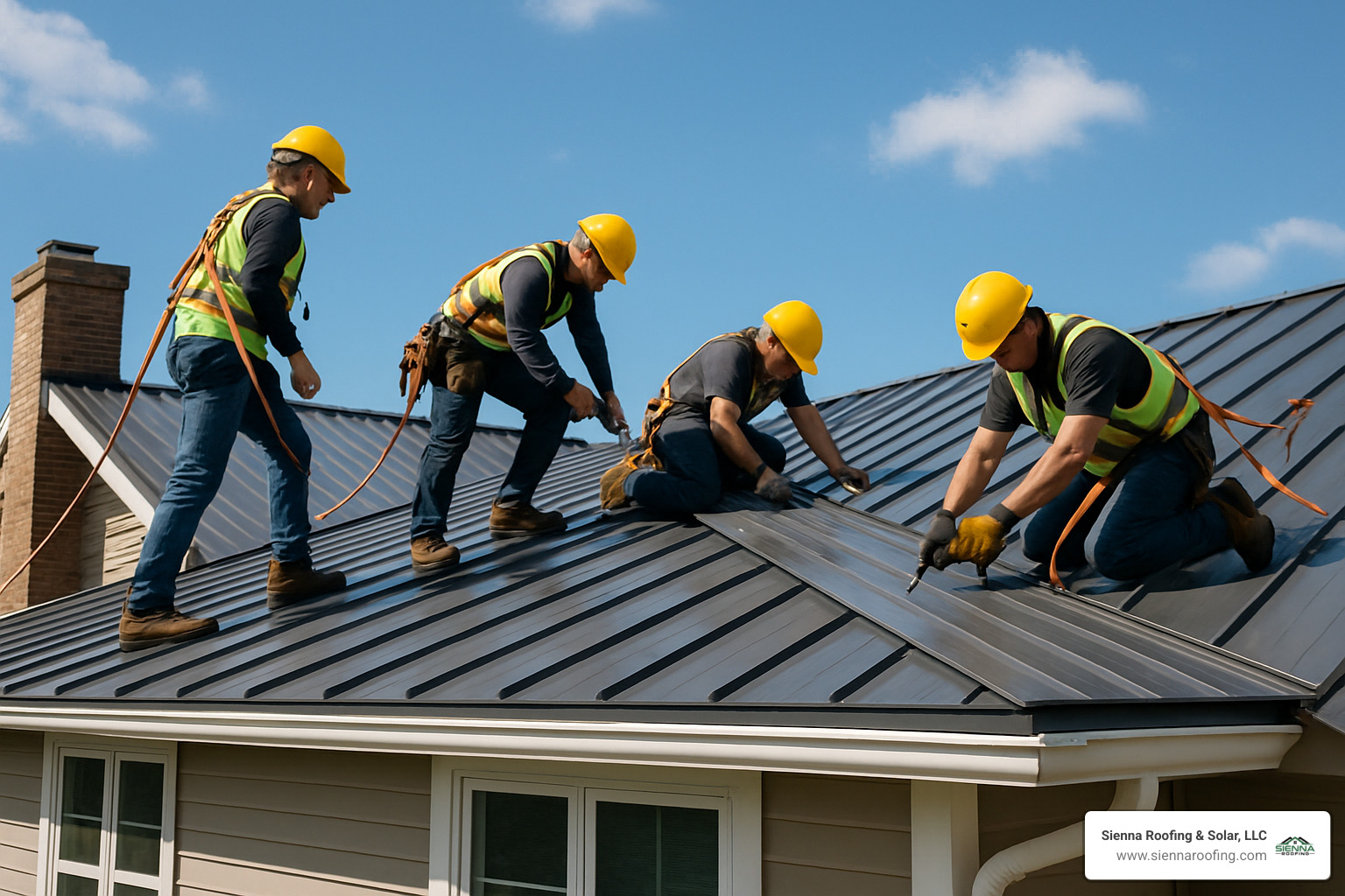 Professional metal roof installation team working on a residential home, showing proper safety equipment and installation techniques - metal roof installation