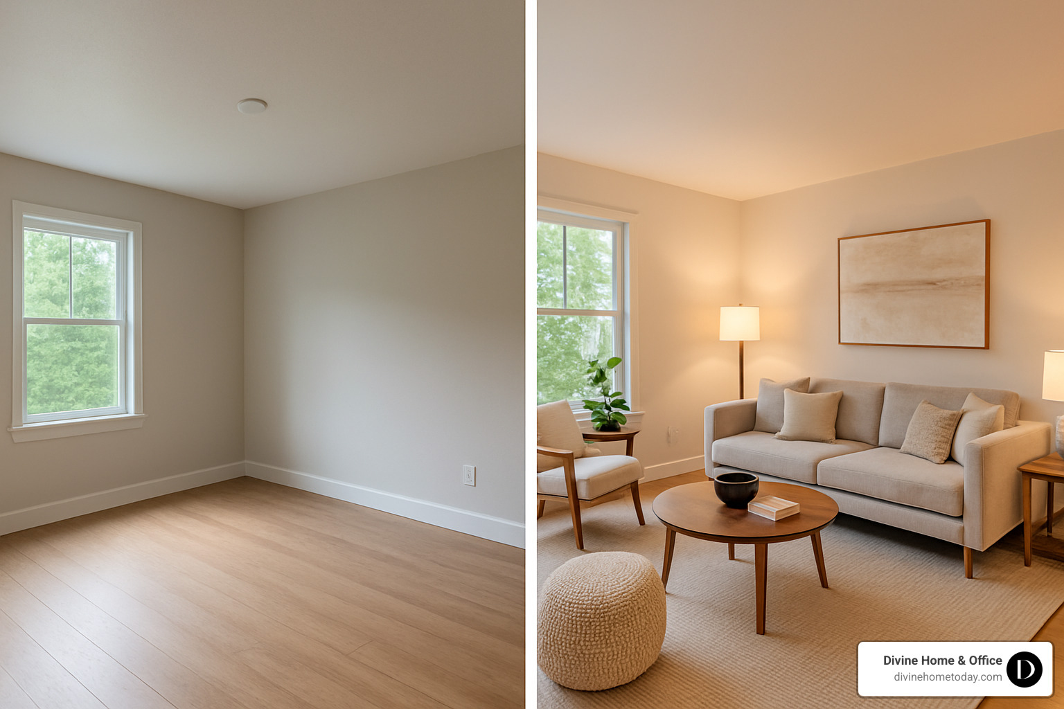 Side-by-side comparison of an empty room versus the same room staged with furniture, showing the dramatic difference in buyer appeal - home staging consultation services and pricing
