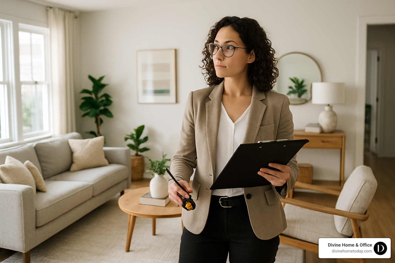 Professional staging consultant touring a property with clipboard and measuring tape, examining room layouts and taking notes - home staging consultation services and pricing