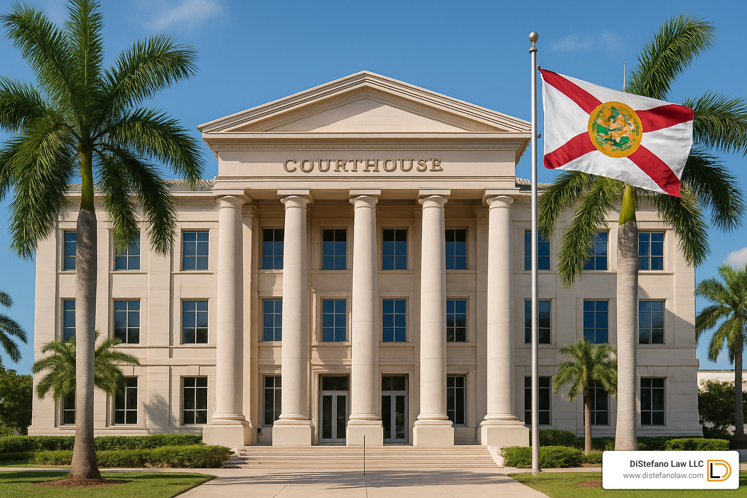 courthouse exterior with Florida state flag and palm trees - Slip and fall compensation