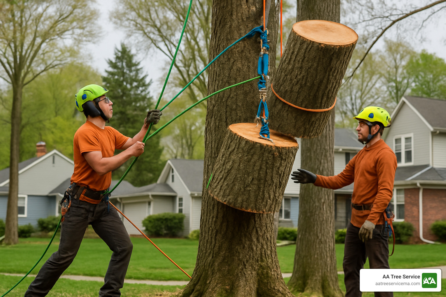 Professional arborists using rigging ropes and pulleys to safely lower tree sections during removal - Arlington tree removal service