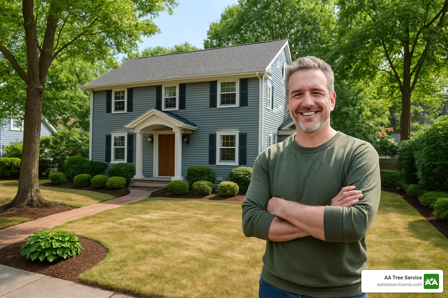 Satisfied homeowner standing next to their property after professional tree removal, with clean yard and no damage to surrounding landscape - Arlington tree removal service