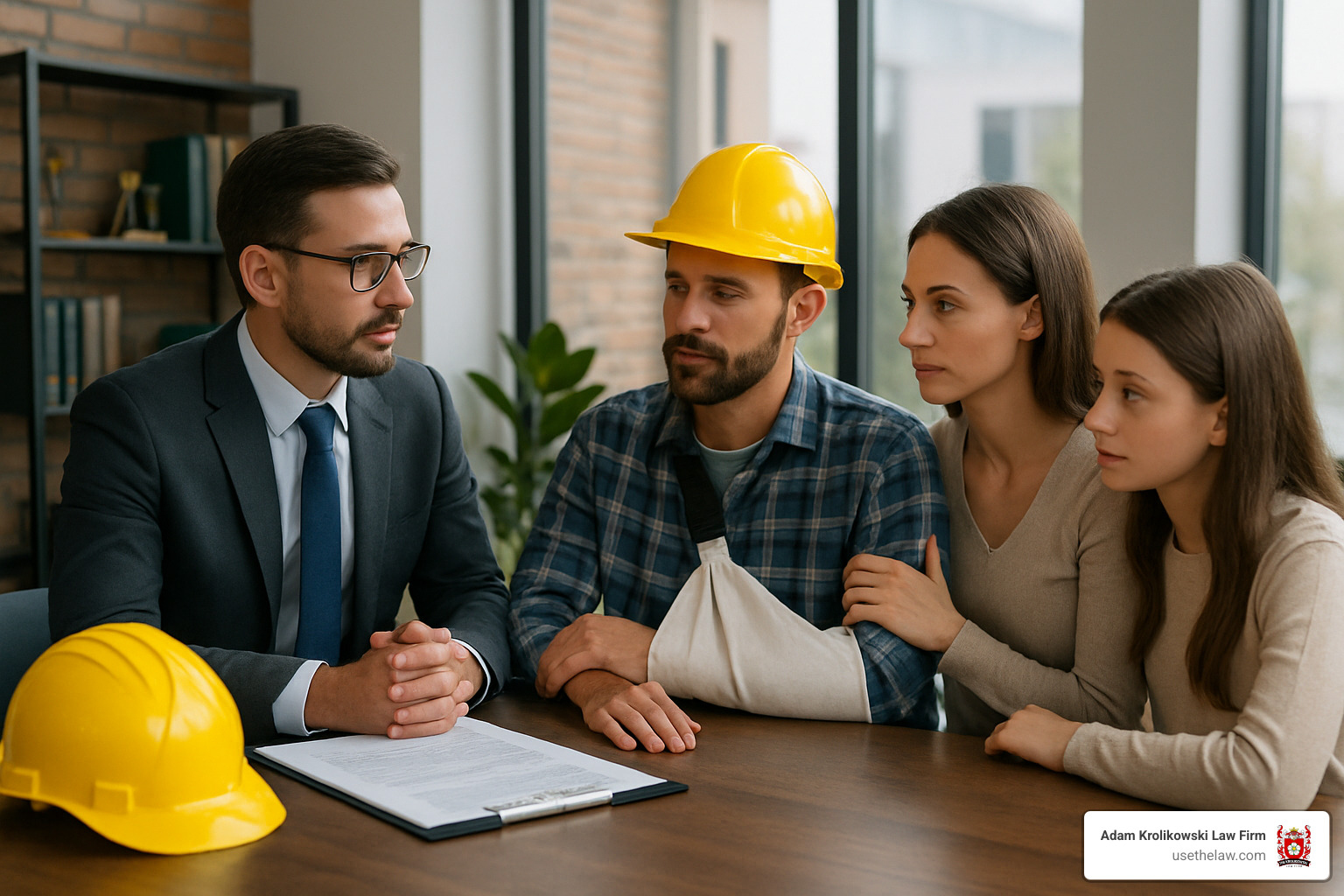 Construction accident attorney meeting with injured worker and family - construction accident law firm near me