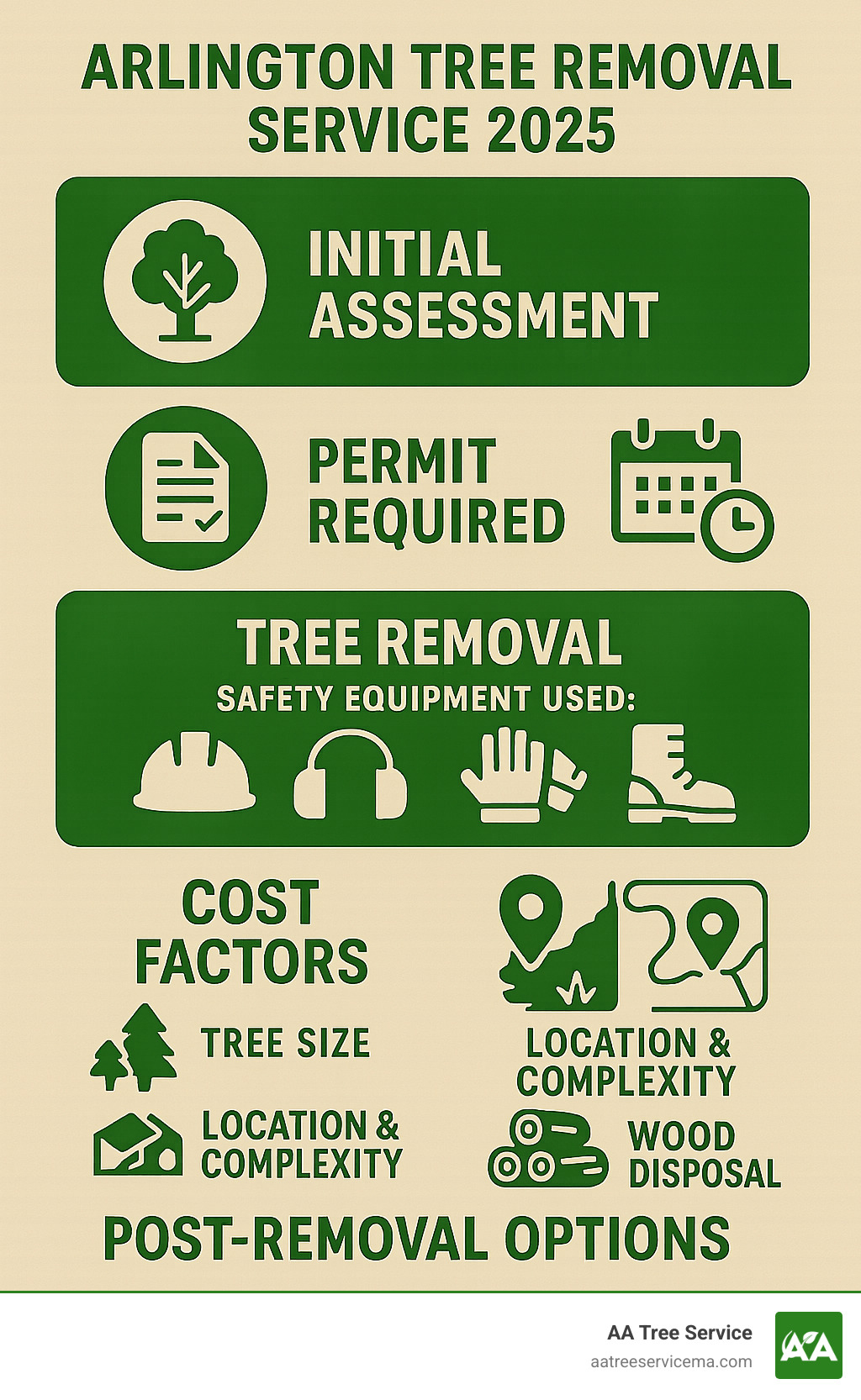 Comprehensive infographic showing the complete Arlington tree removal process from initial assessment through final cleanup, including permit requirements, safety equipment used, average timeline of 1-3 days for typical residential removal, cost factors like tree size and location complexity, and post-removal options for stump grinding and wood disposal - Arlington tree removal service infographic 