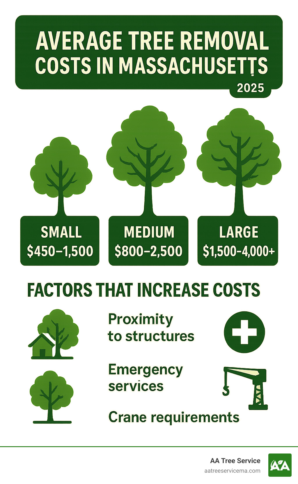 Statistical breakdown showing average tree removal costs in Massachusetts by tree size categories, with small trees ($450-$1,500), medium trees ($800-$2,500), and large trees ($1,500-$4,000+), including factors that increase costs like proximity to structures, emergency services, and crane requirements - Arlington tree removal service infographic 