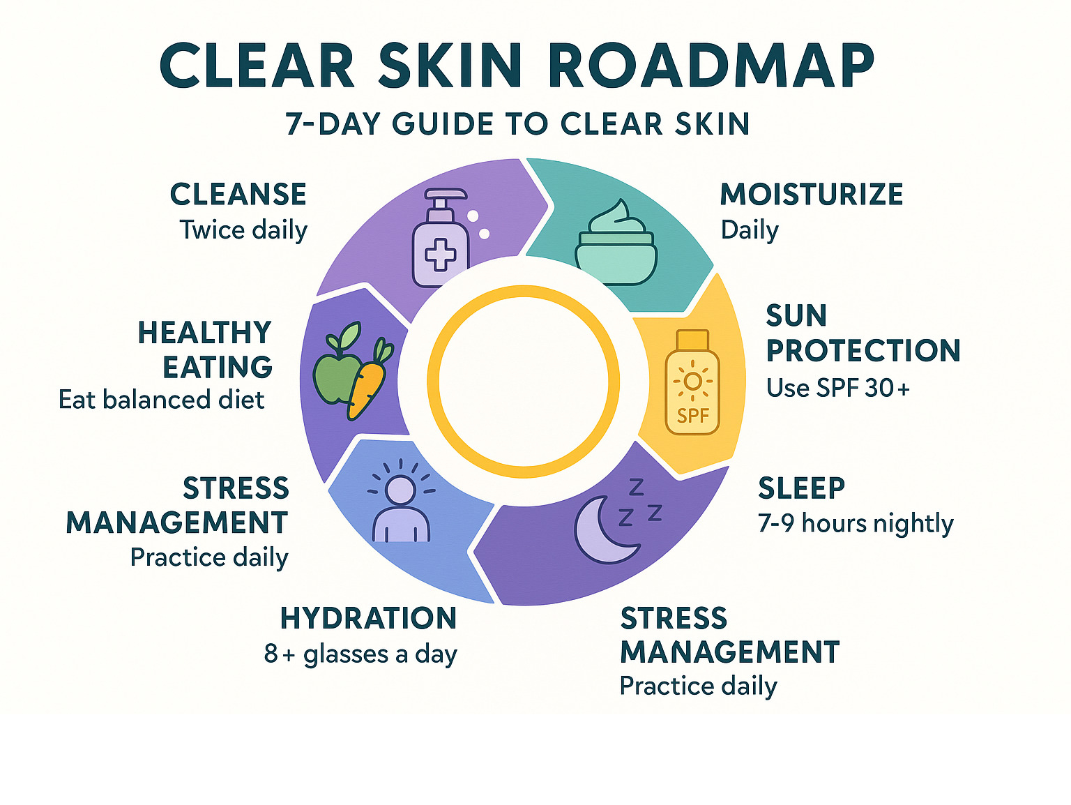 Infographic showing the 7-day clear skin roadmap with daily habits, skincare essentials, and lifestyle factors arranged in a circular flow chart with icons for cleansing, moisturizing, sun protection, sleep, hydration, stress management, and healthy eating - Beauty tips for clear skin infographic 
