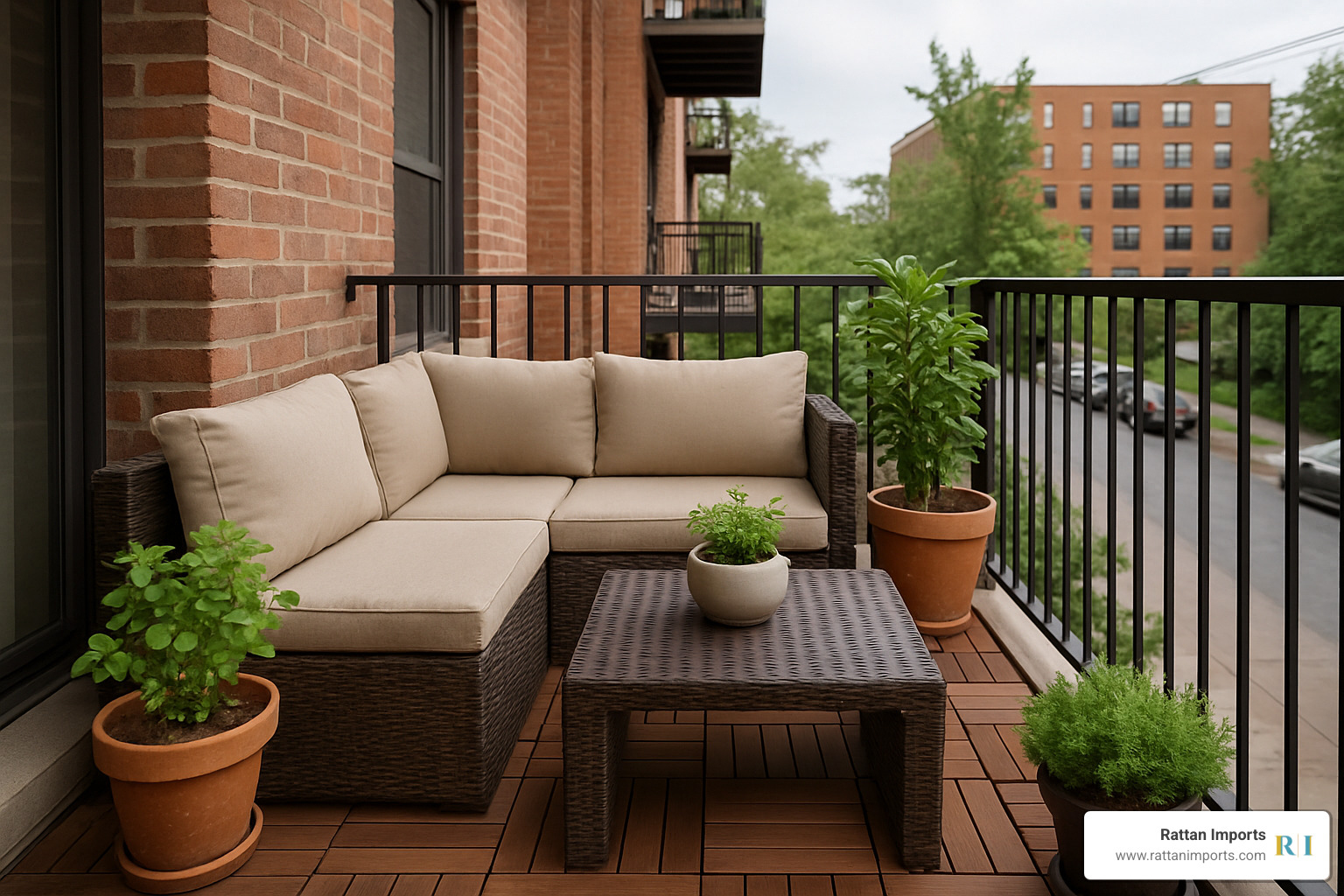 small balcony with compact wicker sofa set - patio wicker sofa