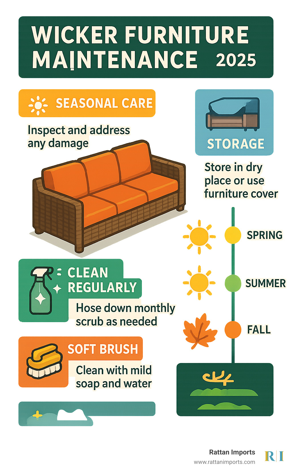 Infographic showing step-by-step wicker furniture maintenance schedule with seasonal care tips, cleaning products, and storage recommendations - patio wicker sofa infographic 