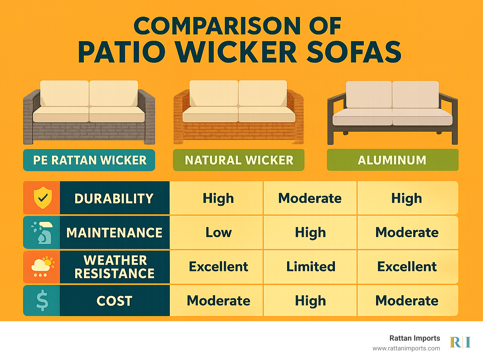Infographic showing comparison between PE rattan wicker vs natural wicker vs aluminum outdoor furniture, highlighting durability, maintenance requirements, weather resistance, and cost factors for patio sofas - patio wicker sofa infographic 
