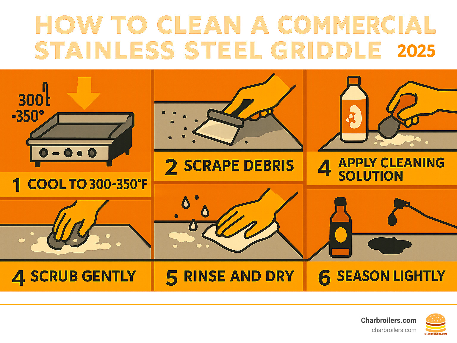 Infographic showing the complete commercial stainless steel griddle cleaning process from cooling at 300-350°F through scraping debris, applying cleaning solution, scrubbing with non-abrasive pads, rinsing thoroughly, drying completely, and final seasoning with oil - how to clean a commercial stainless steel griddle infographic 