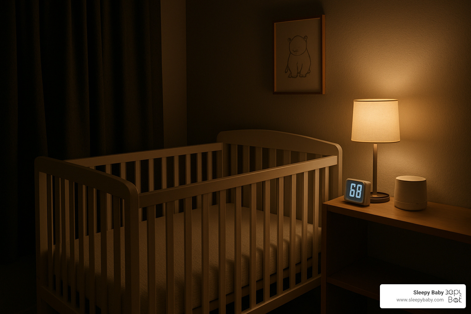 darkened nursery setup with blackout curtains, optimal temperature display, breathable crib mattress, and properly positioned sound machine - best sleep aid for newborns