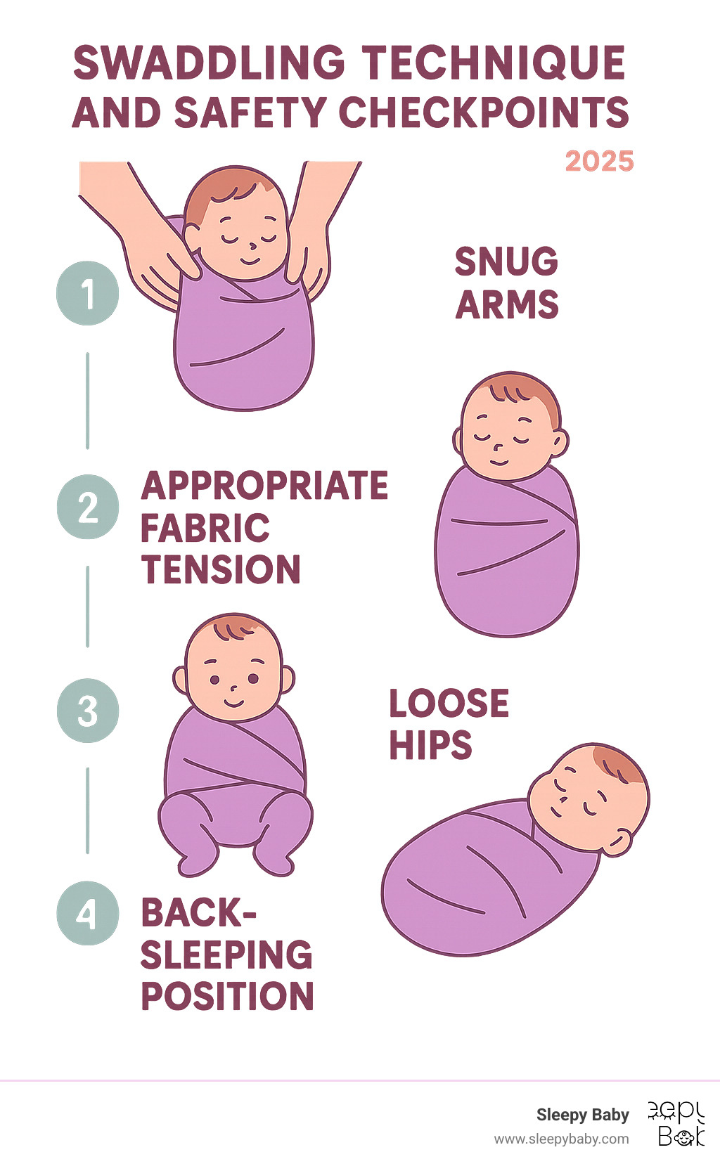 Step-by-step visual guide showing proper swaddling technique with safety checkpoints: loose hips, snug arms, appropriate fabric tension, and back-sleeping position - best sleep aid for newborns infographic 