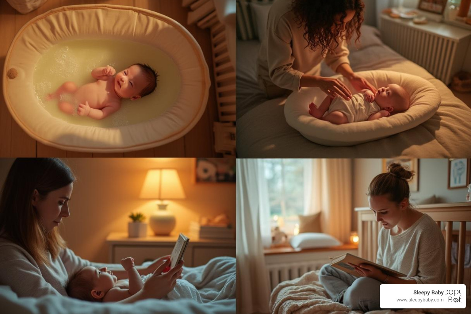 collage showing bedtime routine elements: warm bath, gentle massage, story time, dimmed lighting, and peaceful nursery environment - best sleep aid for newborns