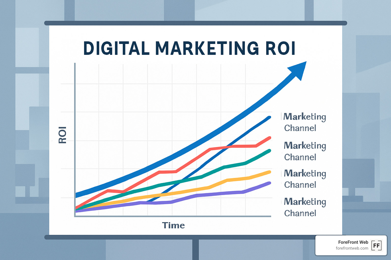 Upward trending graph showing digital marketing ROI over time with multiple channels contributing to growth - digital marketing services