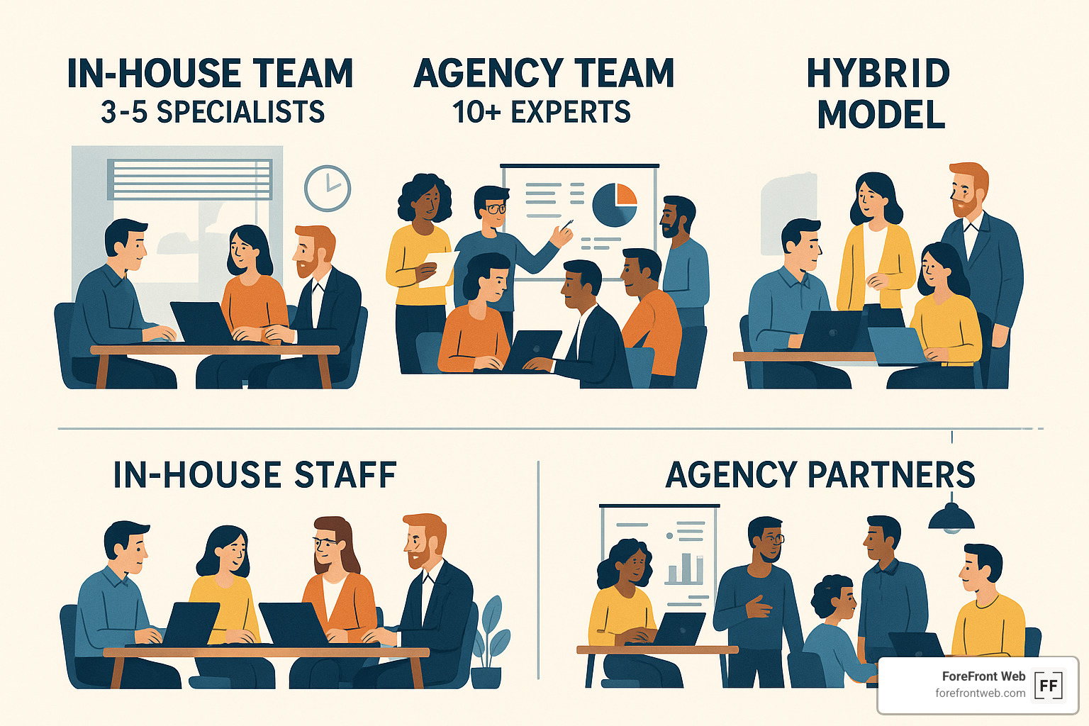 Team structure comparison showing in-house team of 3-5 specialists, agency team of 10+ experts across disciplines, and hybrid model combining both approaches - digital marketing services