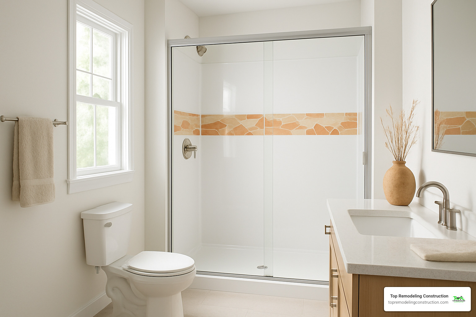 Grout-free acrylic shower walls in modern bathroom with desert-inspired tile accents - affordable bathroom remodel las vegas