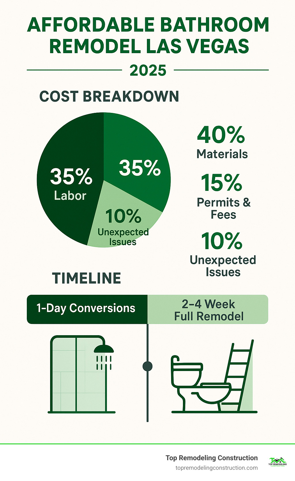 Infographic showing Las Vegas bathroom remodel cost breakdown: 40% materials, 35% labor, 15% permits and fees, 10% unexpected issues, with timeline showing 1-day conversions vs 2-4 week full remodels - affordable bathroom remodel las vegas infographic
