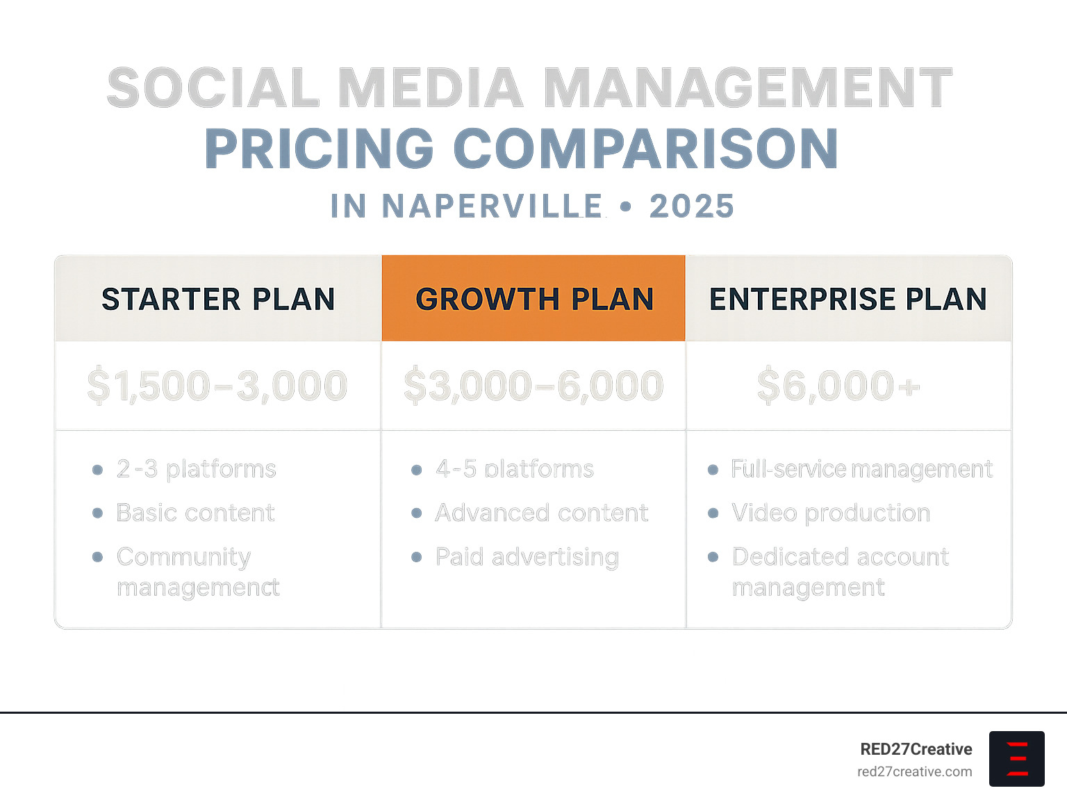 Managing Your Social Life: Naperville's Premier Social Media Services • naperville social media management services • RED27Creative social media management pricing comparison table showing different service tiers and included features - naperville social media management services infographic