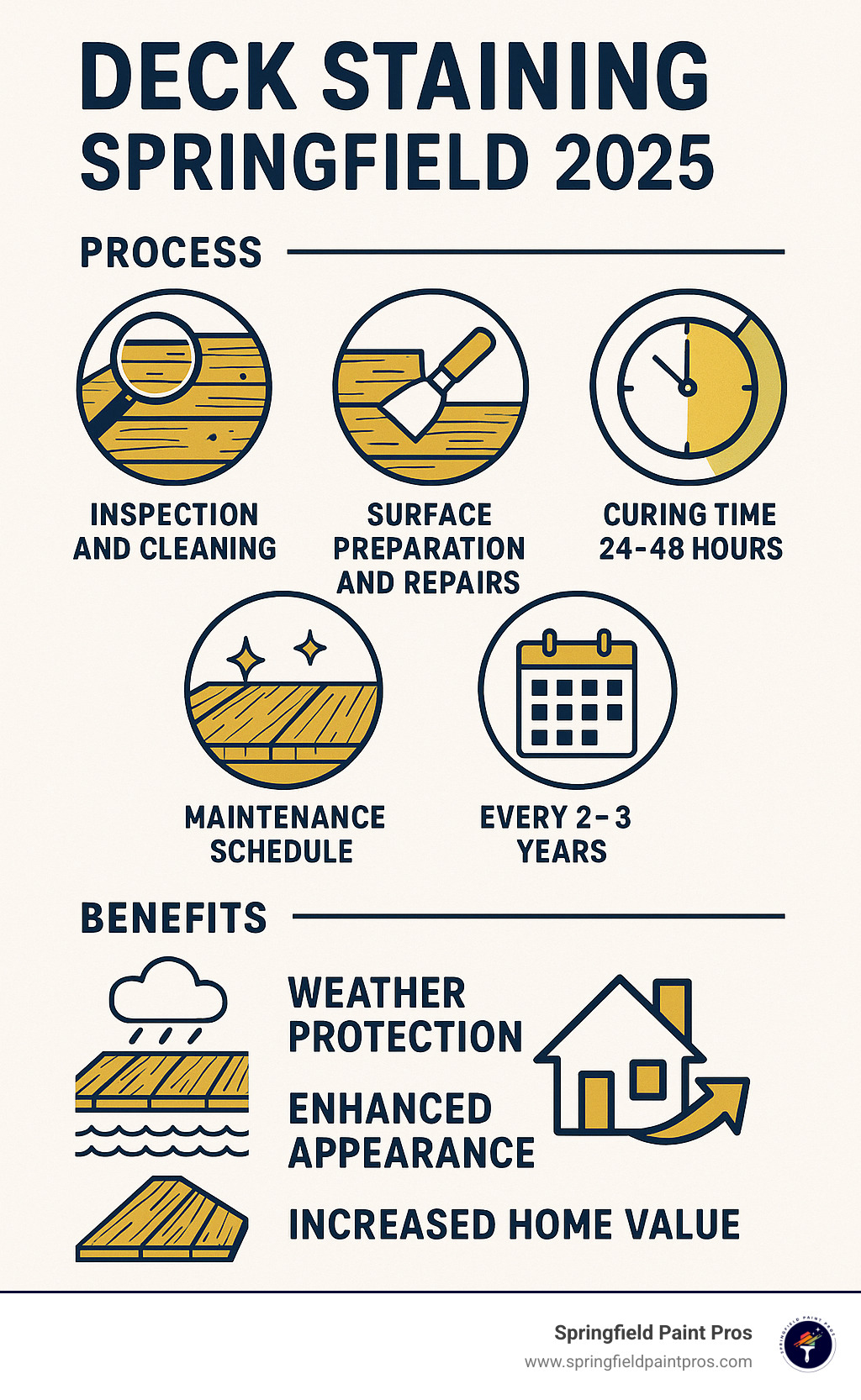 Infographic showing deck staining process: inspection and cleaning, surface preparation and repairs, stain selection and application, curing time 24-48 hours, maintenance schedule every 2-3 years, with benefits including weather protection, improved appearance, and increased home value - deck staining springfield infographic Infographic showing deck staining process: inspection and cleaning, surface preparation and repairs, stain selection and application, curing time 24-48 hours, maintenance schedule every 2-3 years, with benefits including weather protection, improved appearance, and increased home value - deck staining springfield infographic