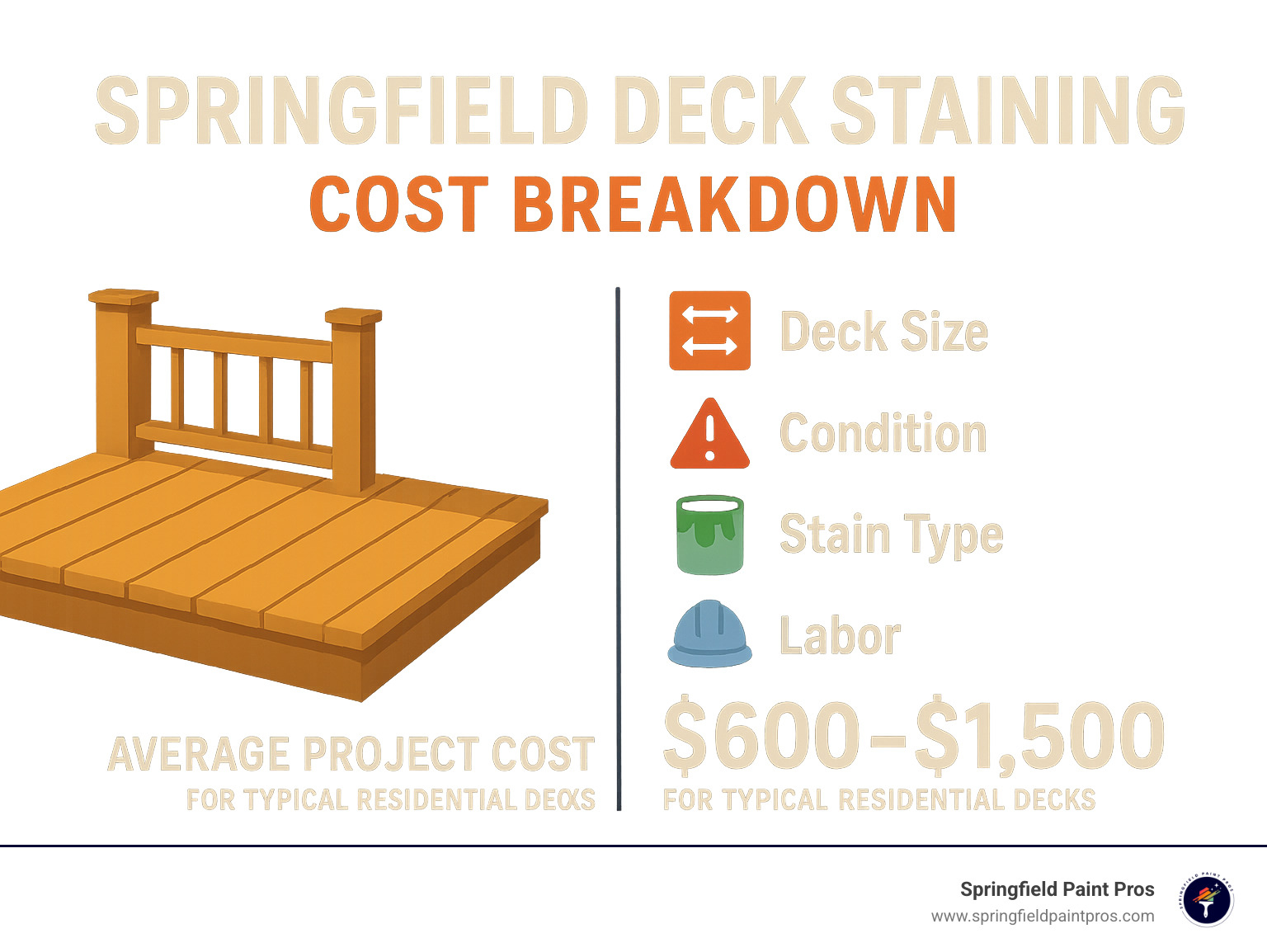 Springfield deck staining cost breakdown showing factors like deck size, condition, stain type, and labor, with average project costs ranging from $600-$1,500 for typical residential decks - deck staining springfield infographic Springfield deck staining cost breakdown showing factors like deck size, condition, stain type, and labor, with average project costs ranging from $600-$1,500 for typical residential decks - deck staining springfield infographic