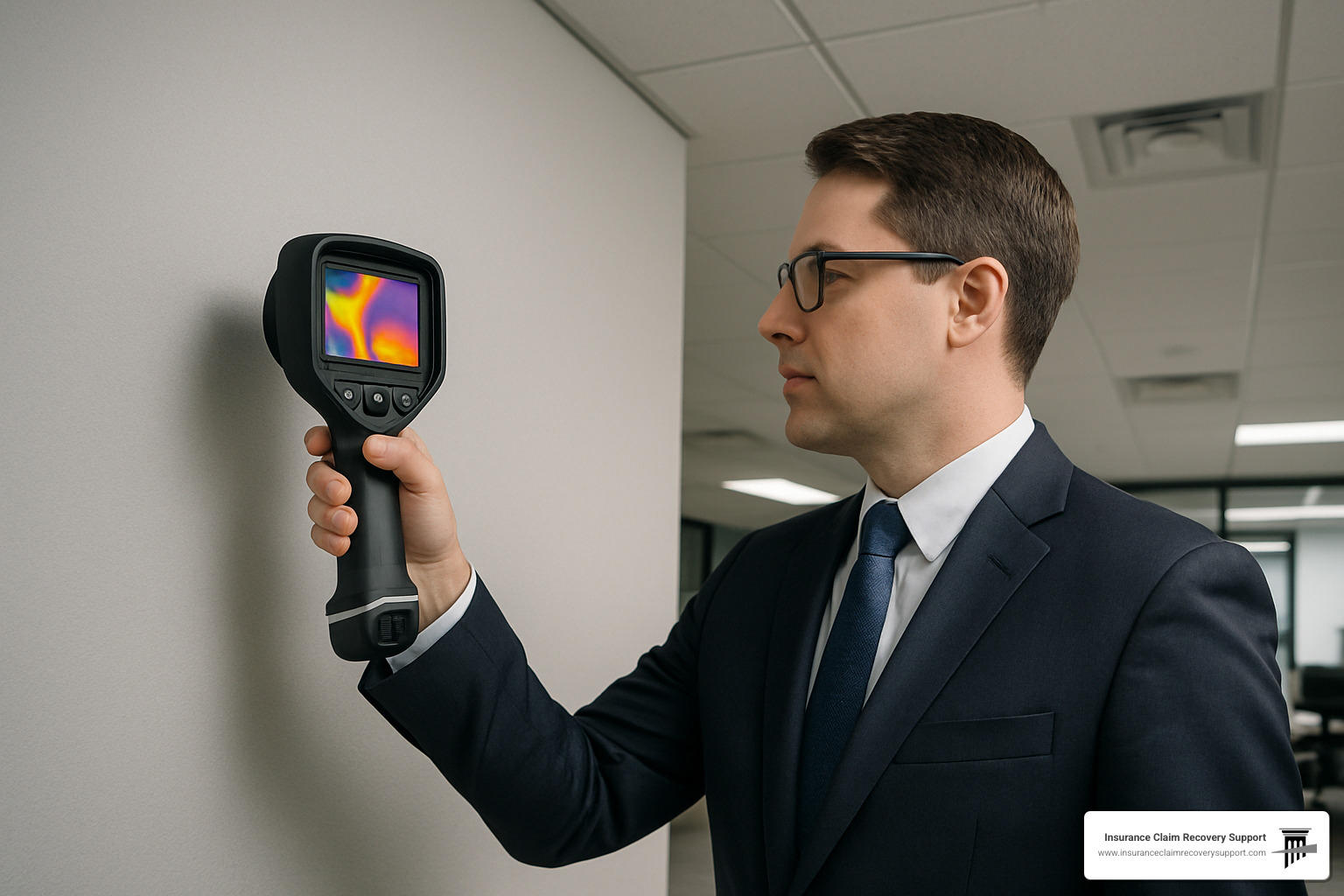 Public adjuster using thermal imaging camera to document hidden water damage in commercial building - claim adjusters near me