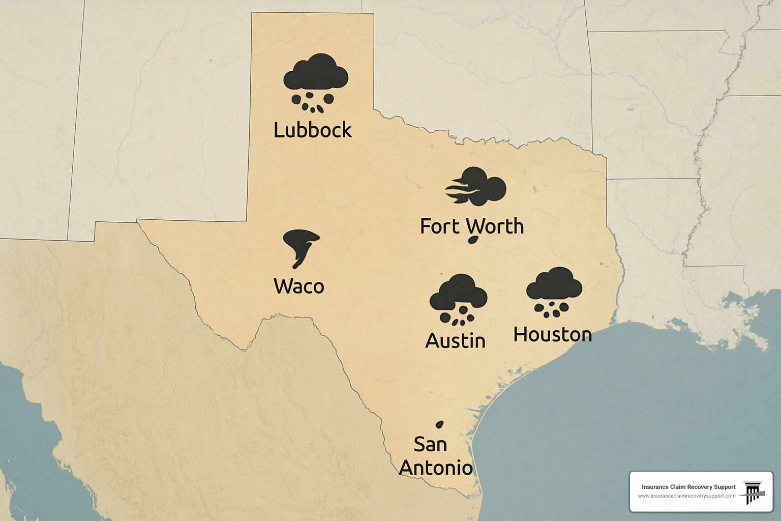 Texas map showing major cities including Austin, Dallas-Fort Worth, Houston, San Antonio, Lubbock, and Waco with storm damage indicators - claim adjusters near me