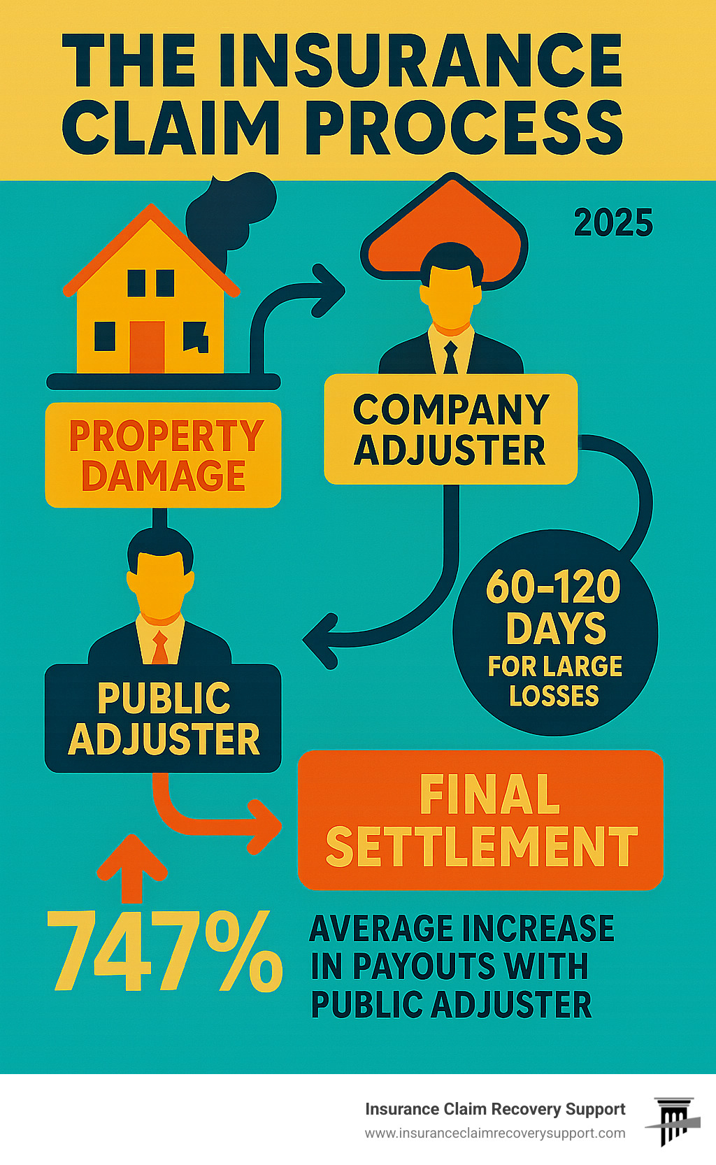 Infographic showing the insurance claim process from property damage through final settlement, highlighting the roles of company adjusters versus public adjusters, typical timelines of 60-120 days for large losses, and the 747% average increase in payouts when using a public adjuster - claim adjusters near me infographic 
