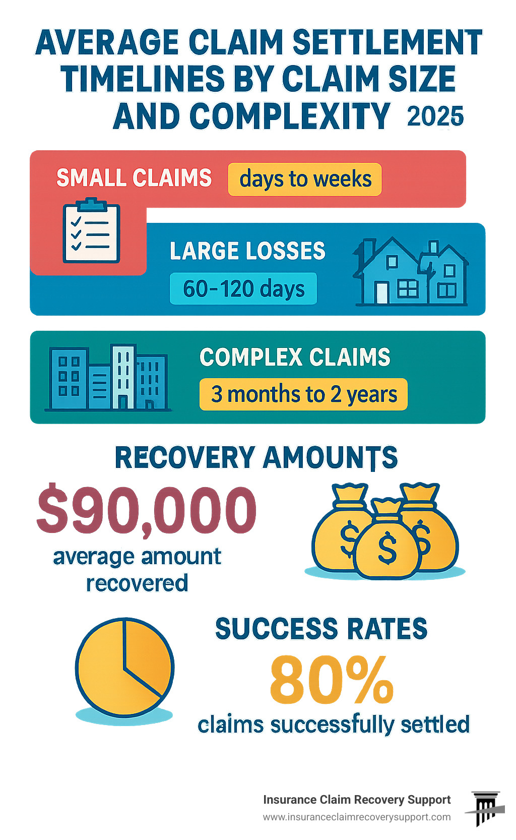 Infographic showing average claim settlement timelines by claim size and complexity, with statistics on recovery amounts and success rates - claim adjusters near me infographic 