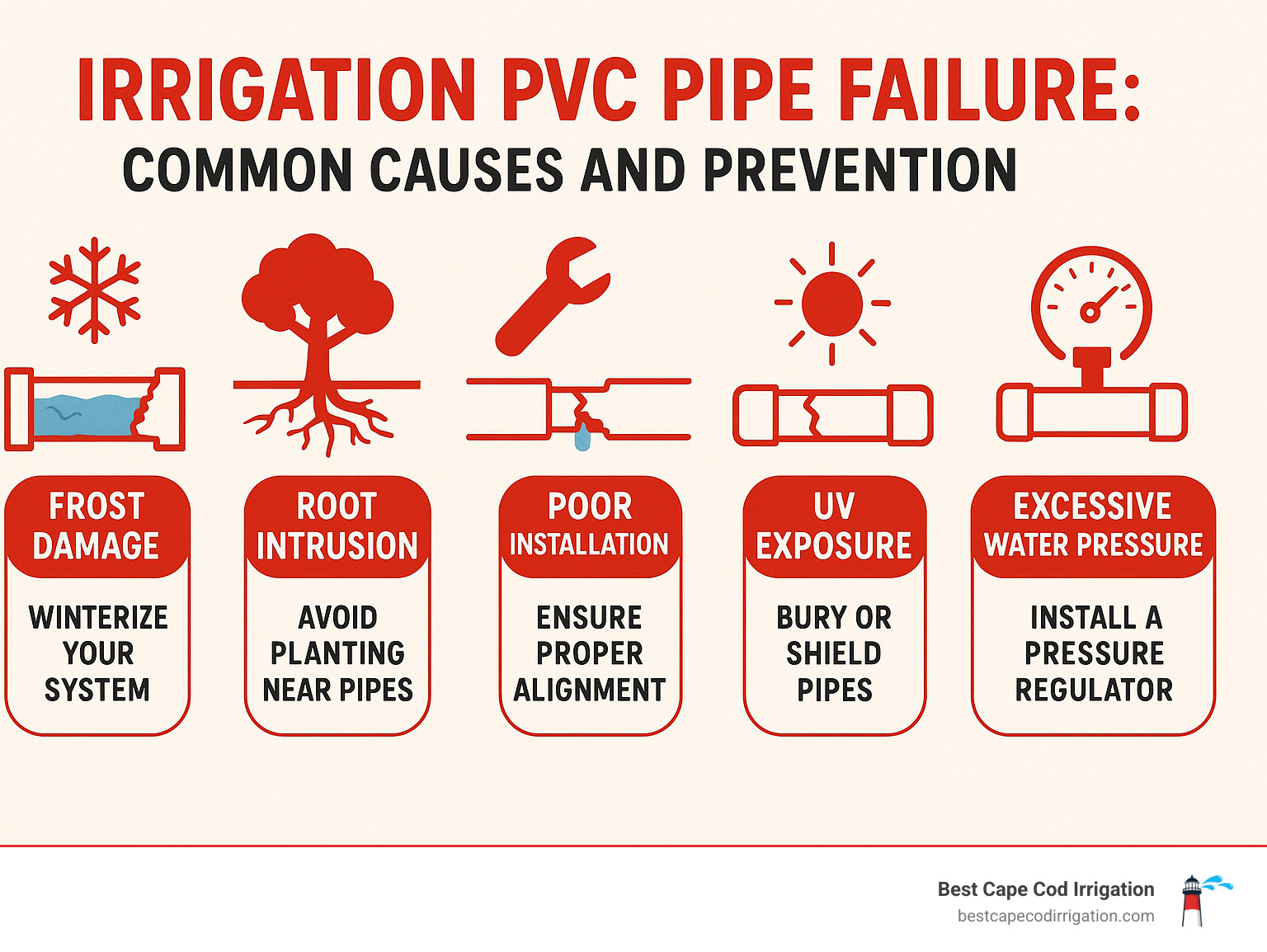 Infographic showing common causes of PVC irrigation pipe failure including frost damage, root intrusion, poor installation, UV exposure, and excessive water pressure with corresponding prevention tips - irrigation pvc pipe repair service infographic 